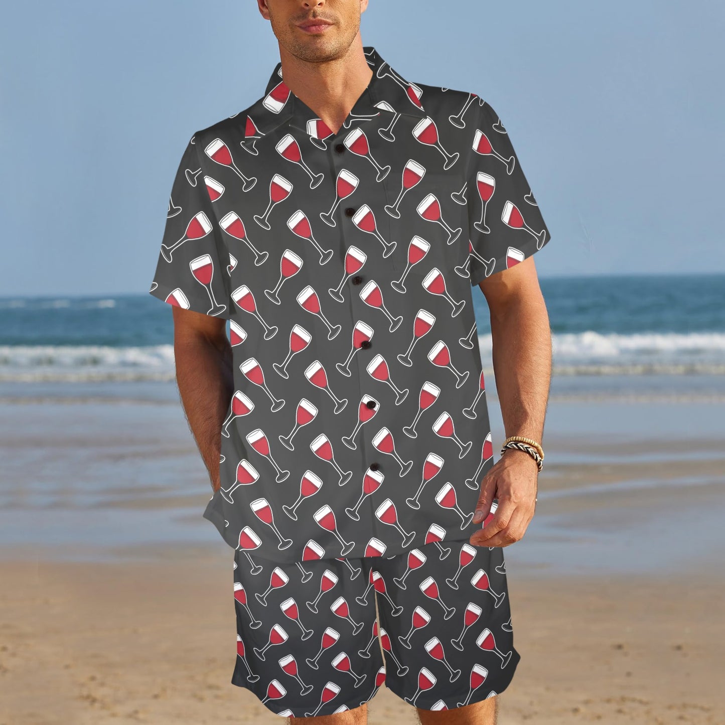 Wine Print Design LKS308 Men's Beach Shirt and Shorts Set