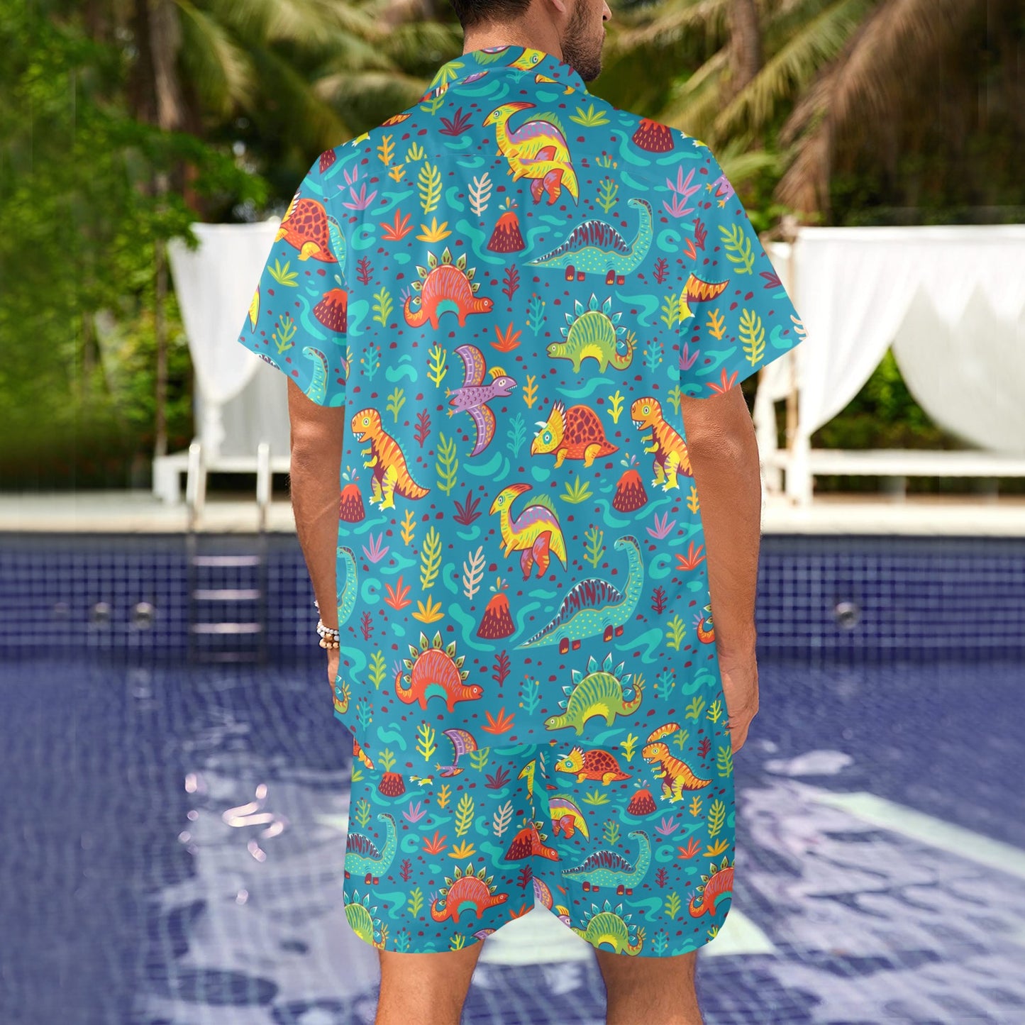 Dinosaur Cartoon Style Men's Beach Shirt and Shorts Set