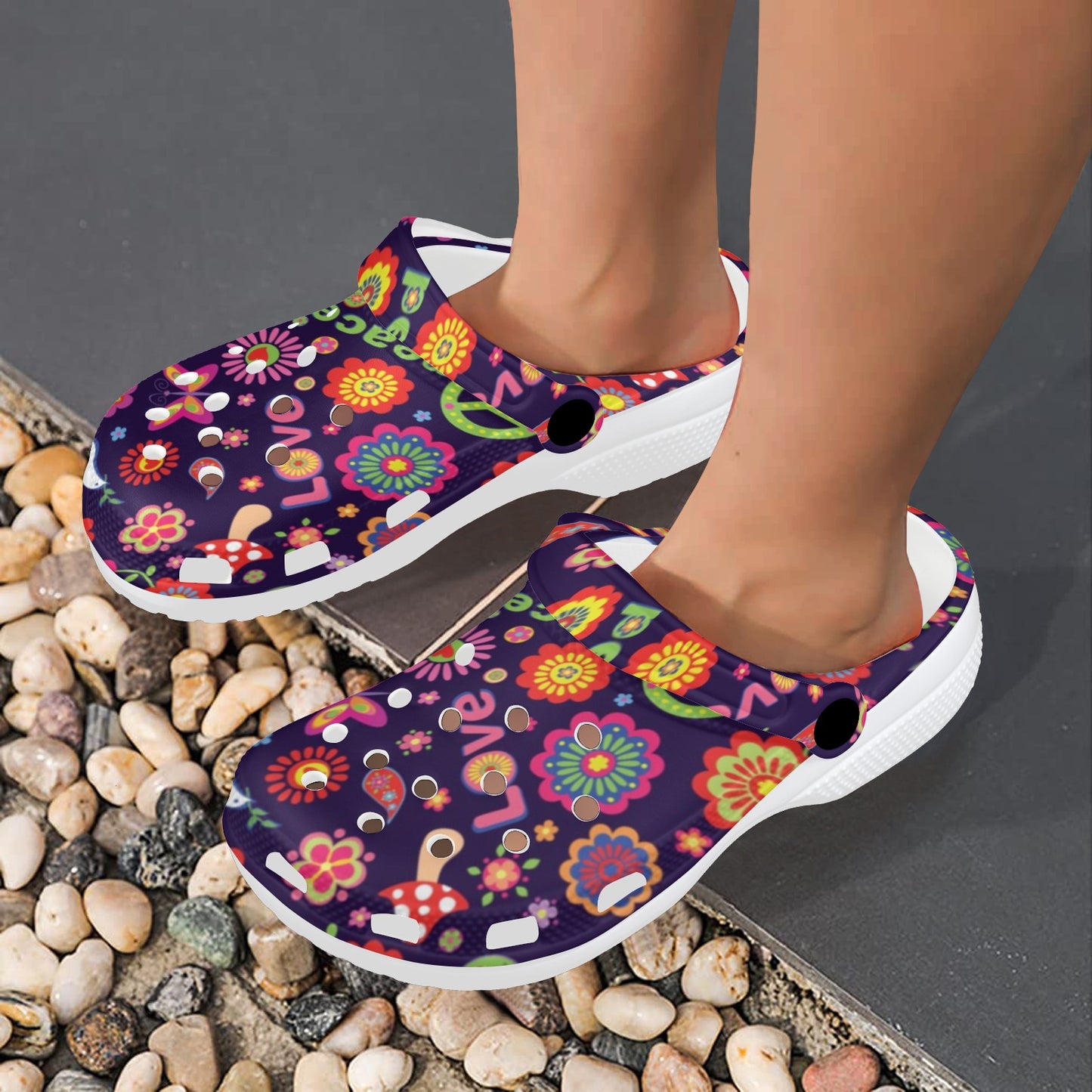 Flower Power Peace Design Print Unisex Clogs Shoes