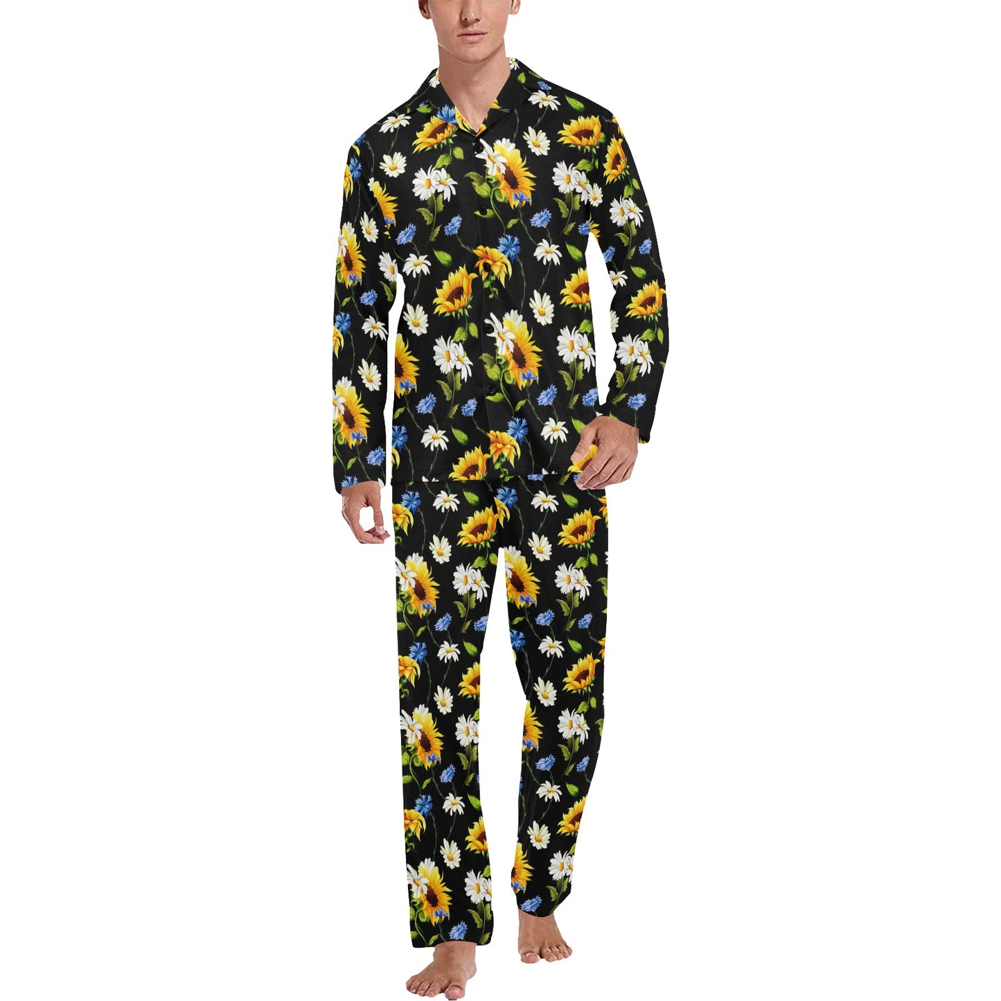 Sunflower Chamomile Bright Color Print Men's Long Pajama Set