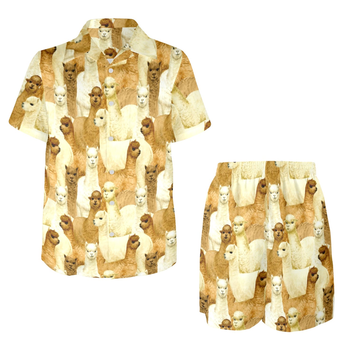 Alpaca Watercolor Design Themed Print Men's Beach Shirt and Shorts Set