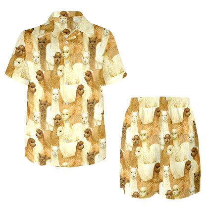Alpaca Watercolor Design Themed Print Men's Beach Shirt and Shorts Set