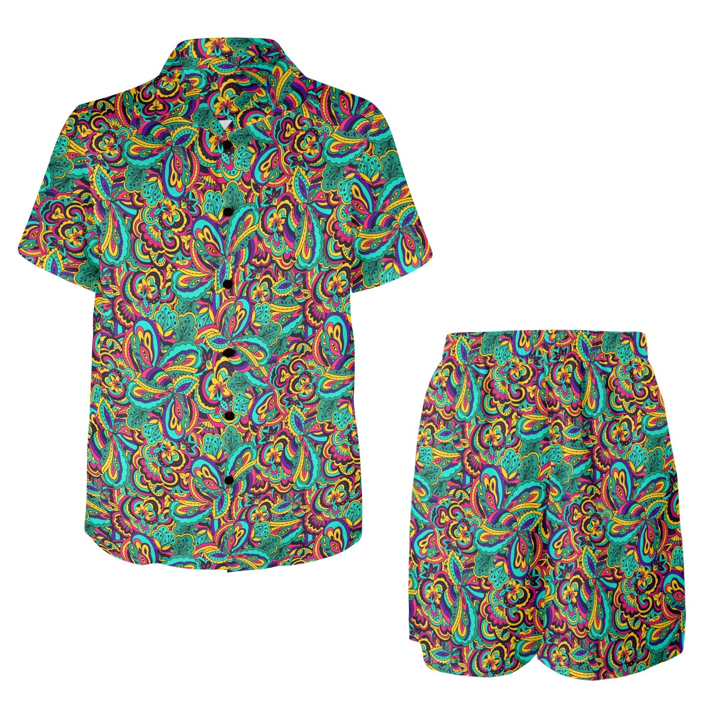 Psychedelic Trippy Floral Design Men's Beach Shirt and Shorts Set