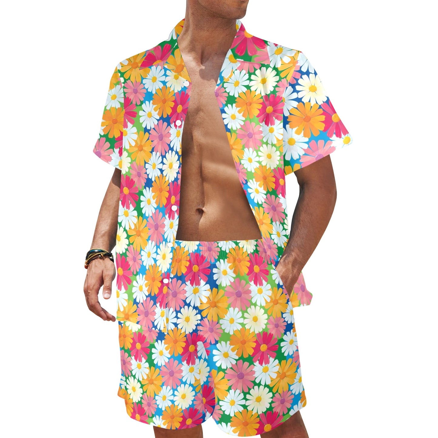 Daisy Pattern Print Design DS05 Men's Beach Shirt and Shorts Set