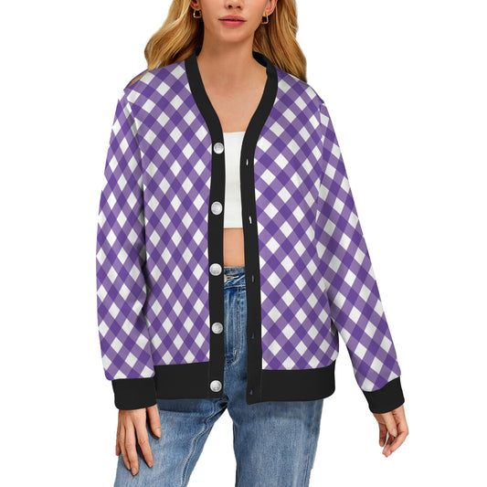 Gingham Purple Pattern Print Design 03 Women's Cardigan