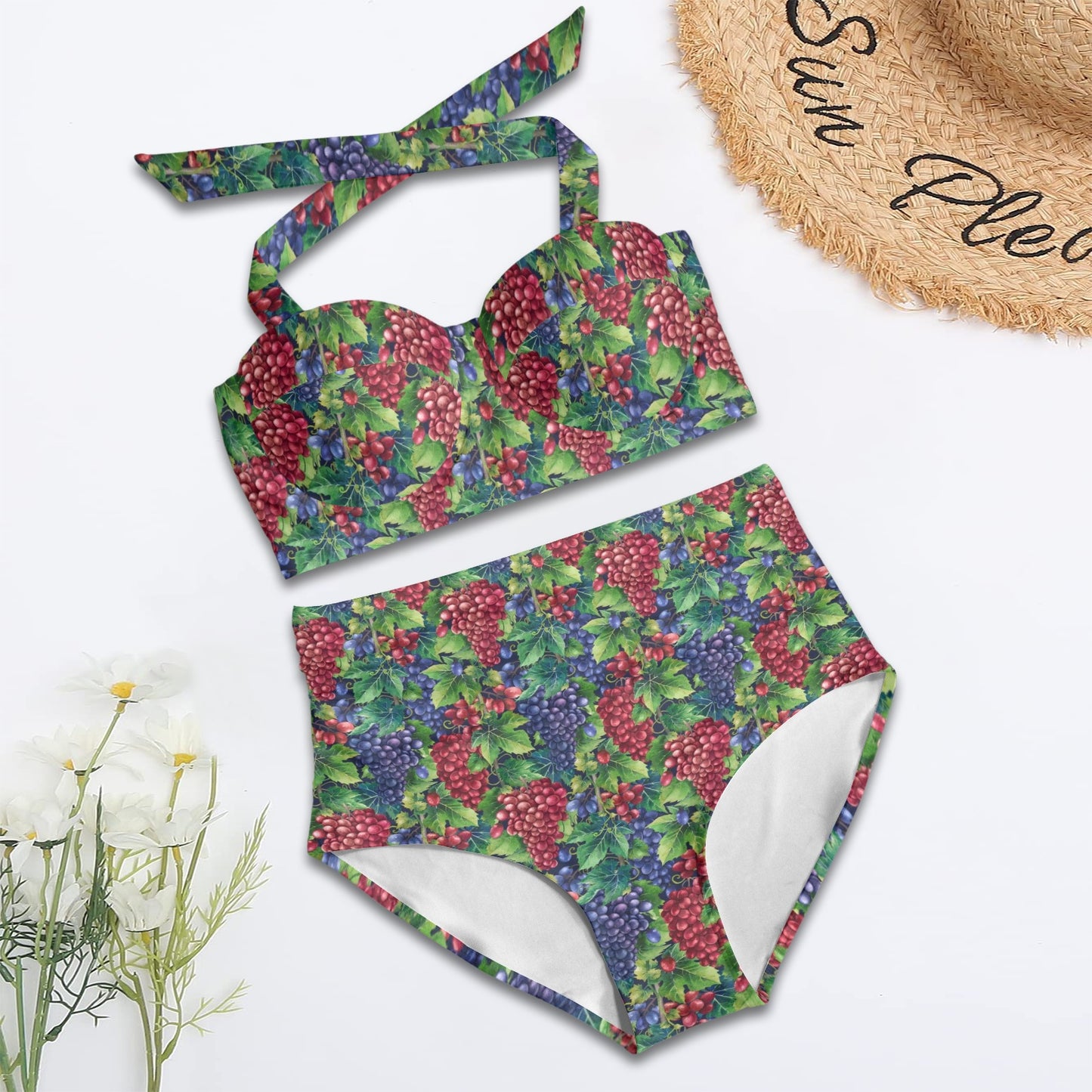 Grape Pattern Print Design GP02 Halter Neck Bikini Swimsuit