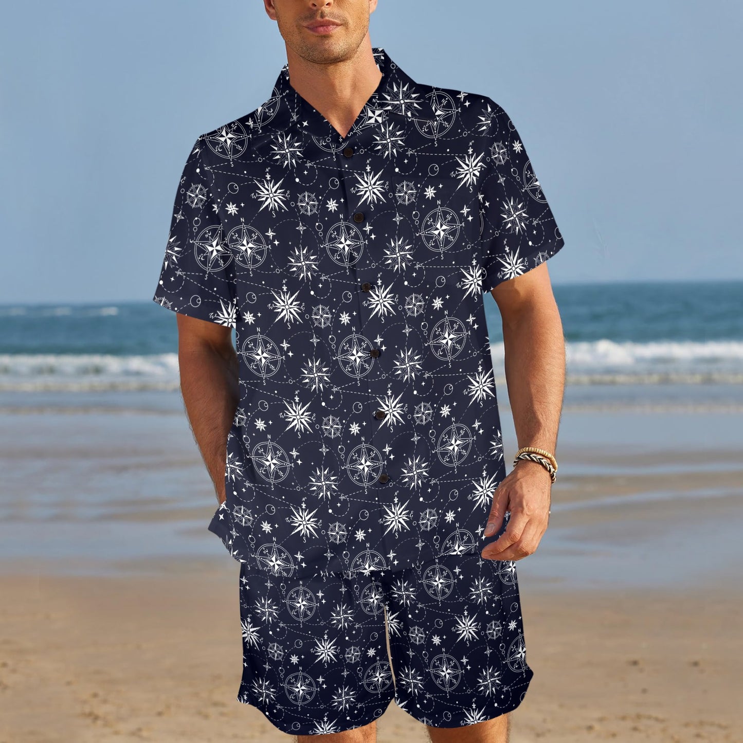 Nautical Sky Design Themed Print Men's Beach Shirt and Shorts Set