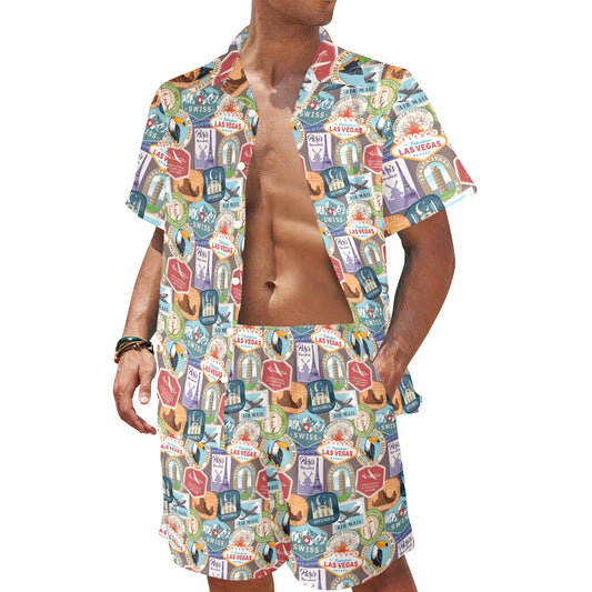 Travel Stamp Print Design LKS301 Men's Beach Shirt and Shorts Set