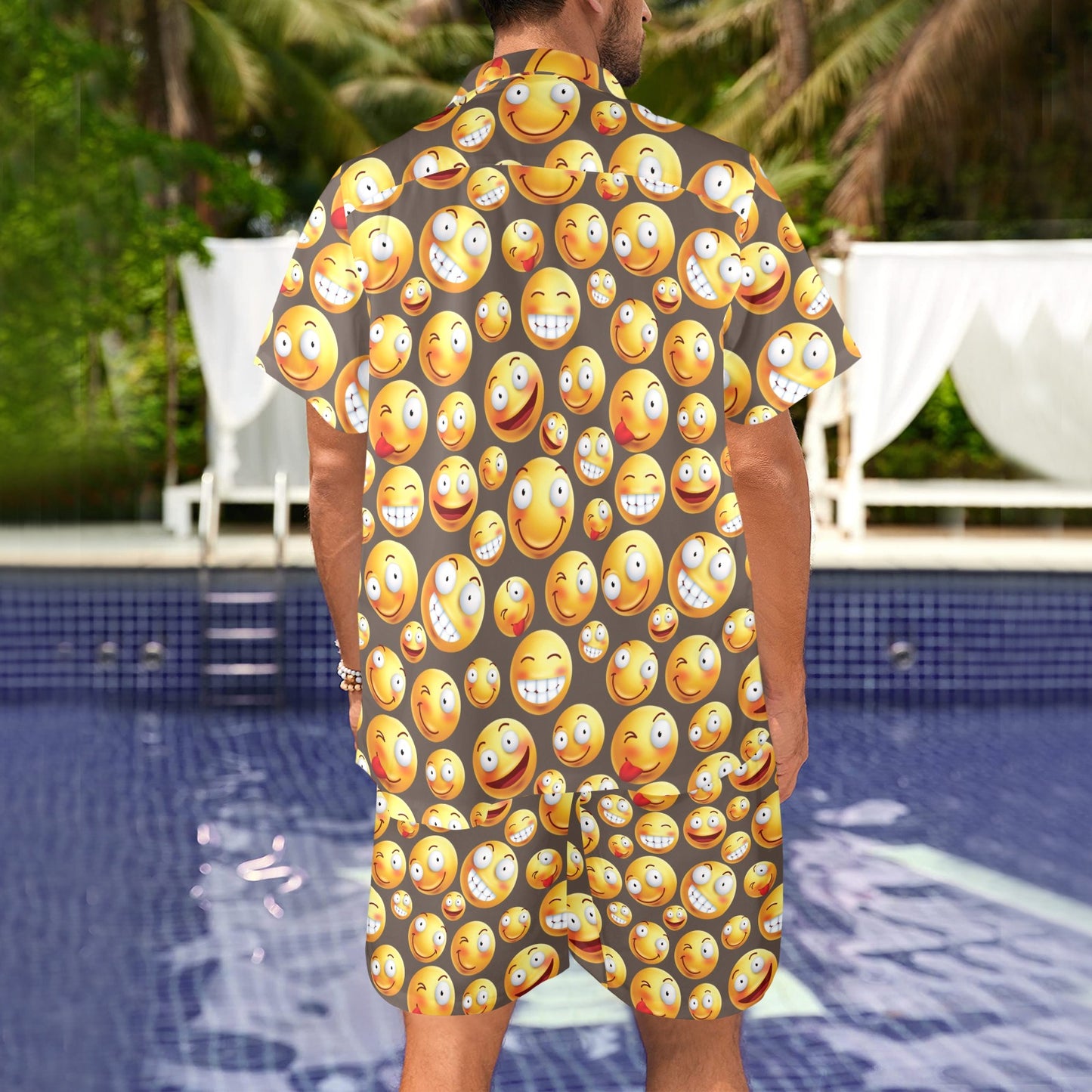 Smiley Face Emoji Print Design LKS303 Men's Beach Shirt and Shorts Set