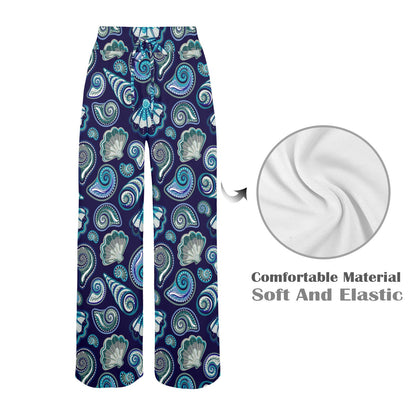 Beach Seashell Blue Print Women's Wide Leg Lounge Pants