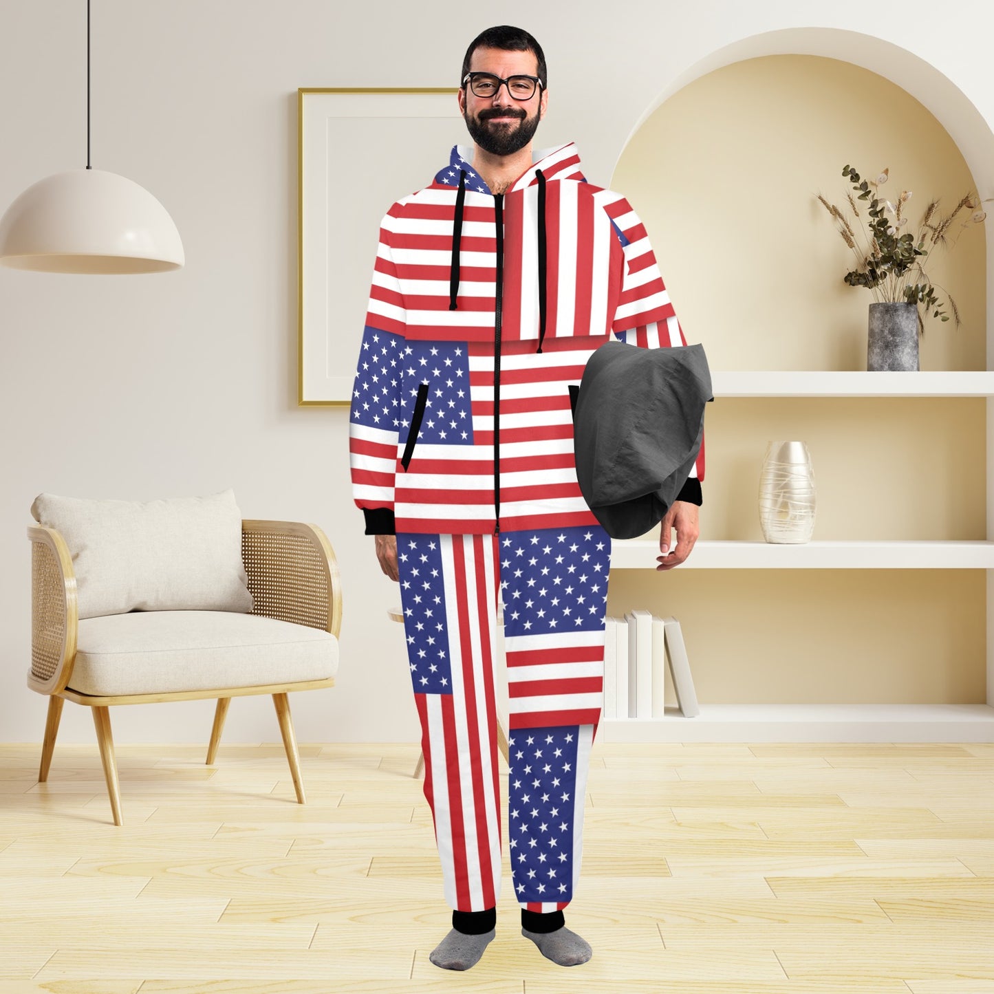Patriotic US Flag Pattern Print Design A01 Hooded Fleece Onesie Pajama Jumpsuit