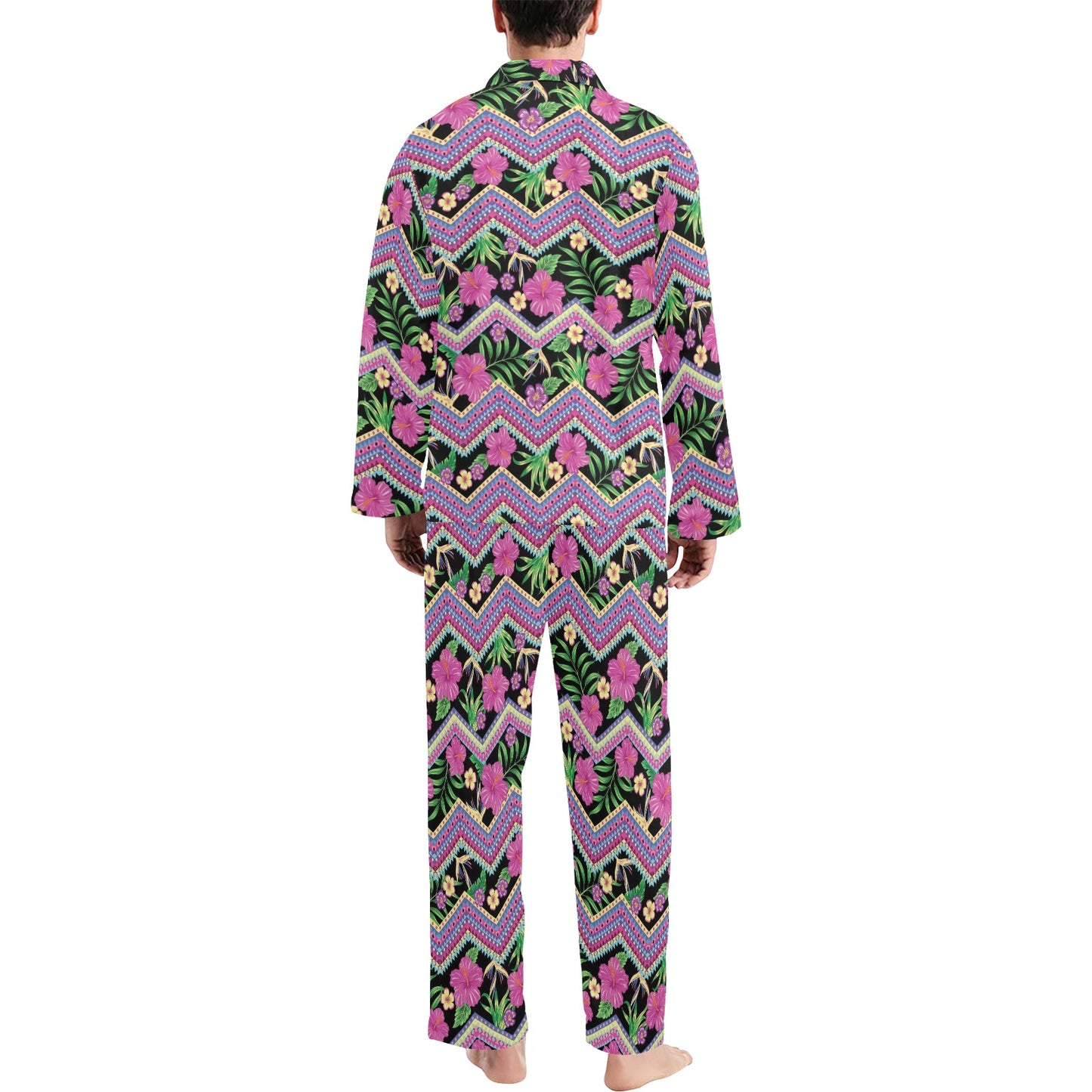 Hibiscus Pink Zigzag Line Pattern Design LKS307 Men's Long Pajama Set