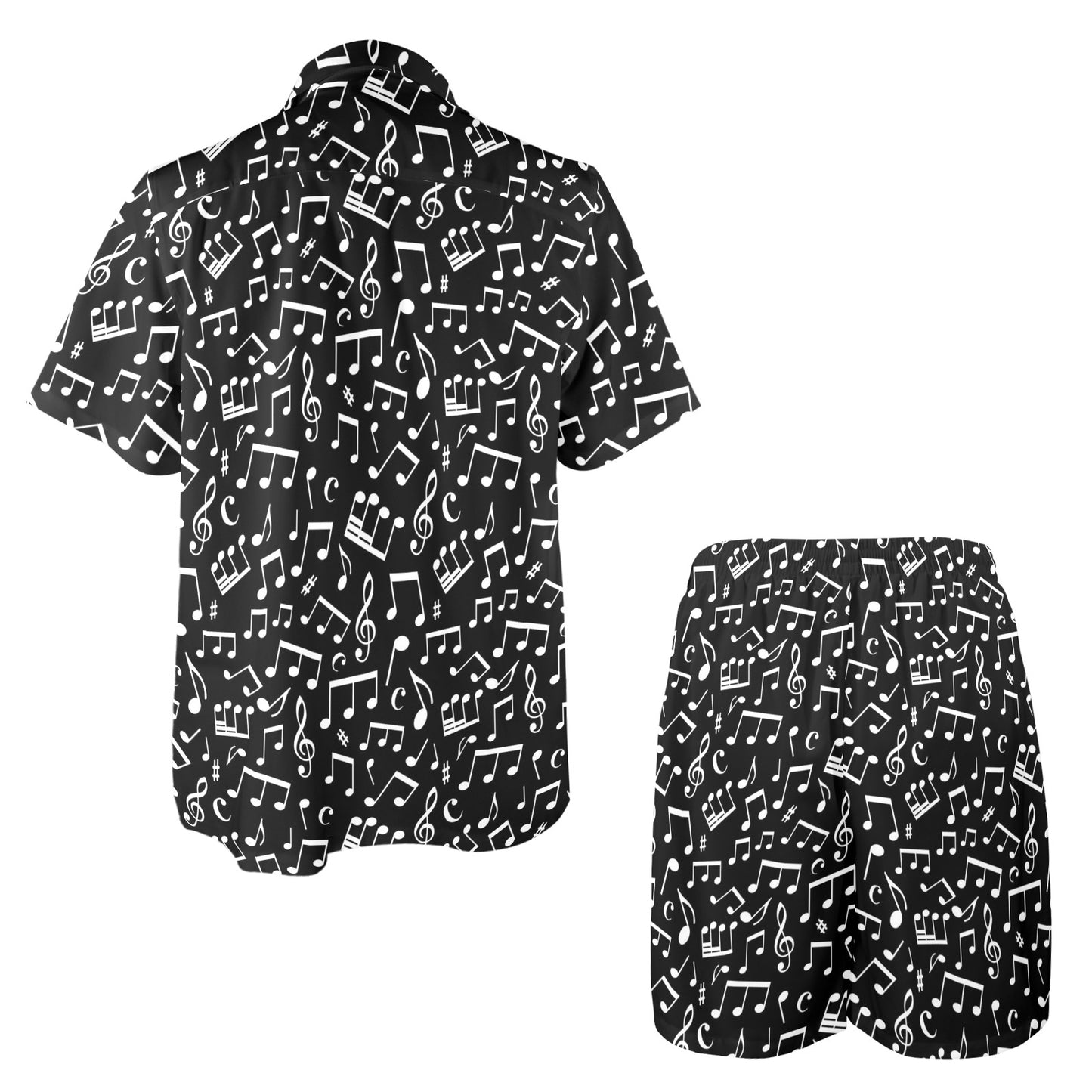 Music Note Black white Themed Print Men's Beach Shirt and Shorts Set