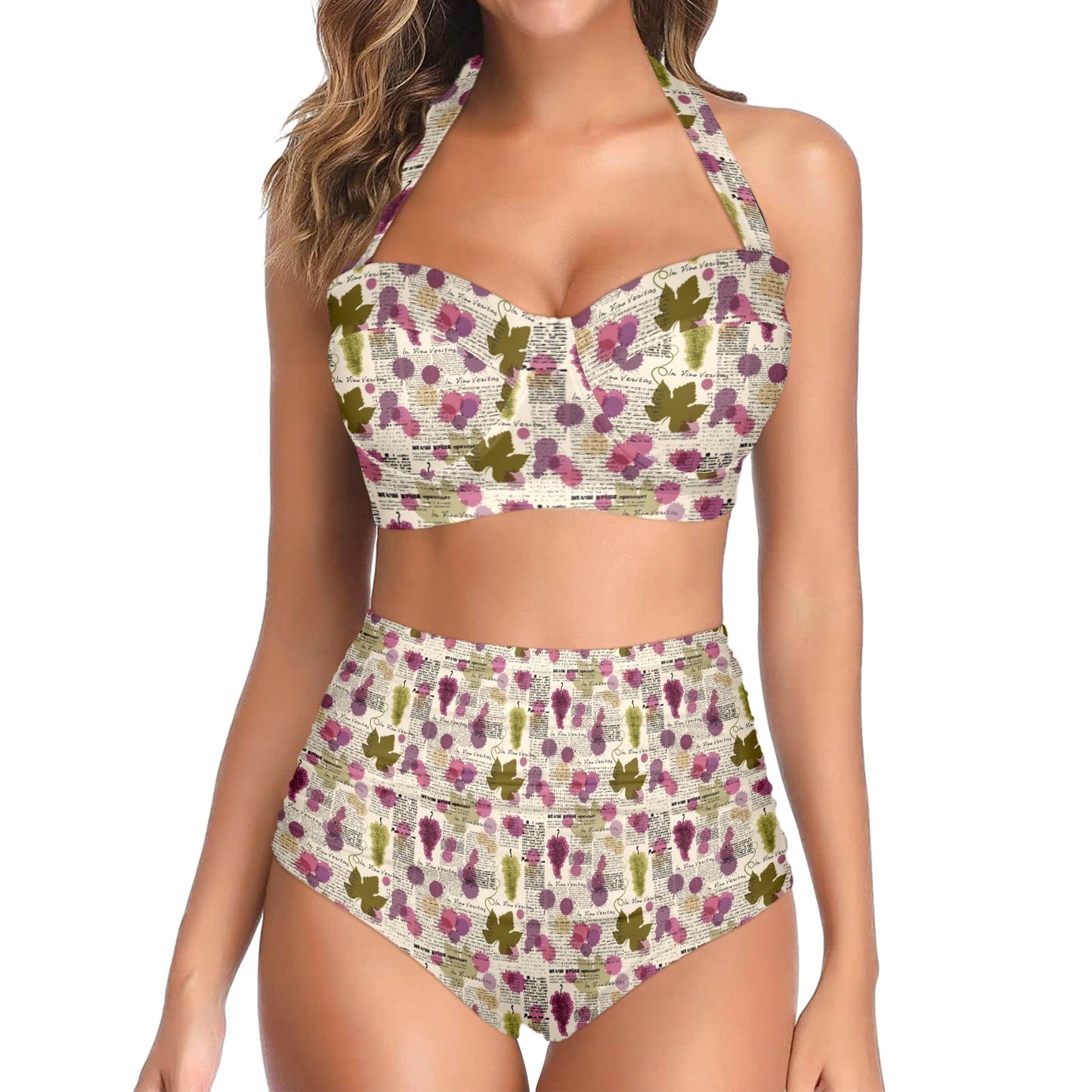 Wine Style Design Print Halter Neck Bikini Swimsuit