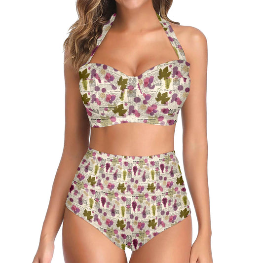 Wine Style Design Print Halter Neck Bikini Swimsuit