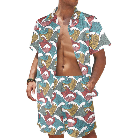 Tribal Wave Pattern Print Men's Beach Shirt and Shorts Set