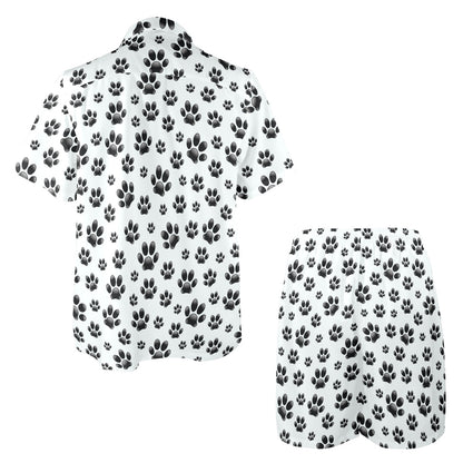 Paw Themed Print Men's Beach Shirt and Shorts Set