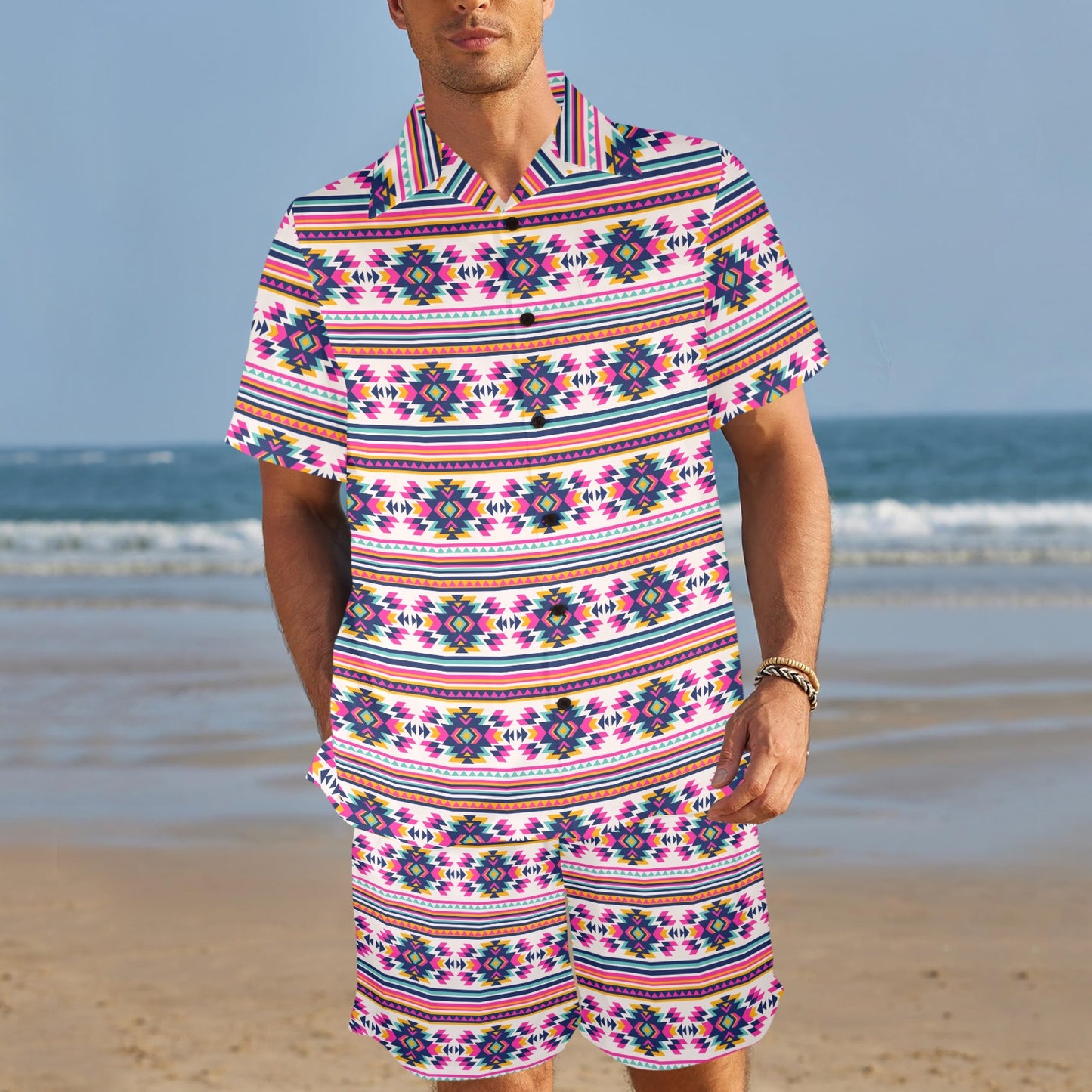 Indian Navajo Neon Themed Design Print Men's Beach Shirt and Shorts Set