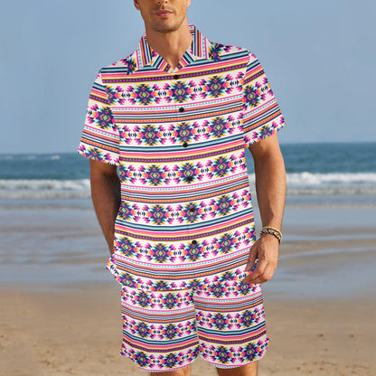 Indian Navajo Neon Themed Design Print Men's Beach Shirt and Shorts Set
