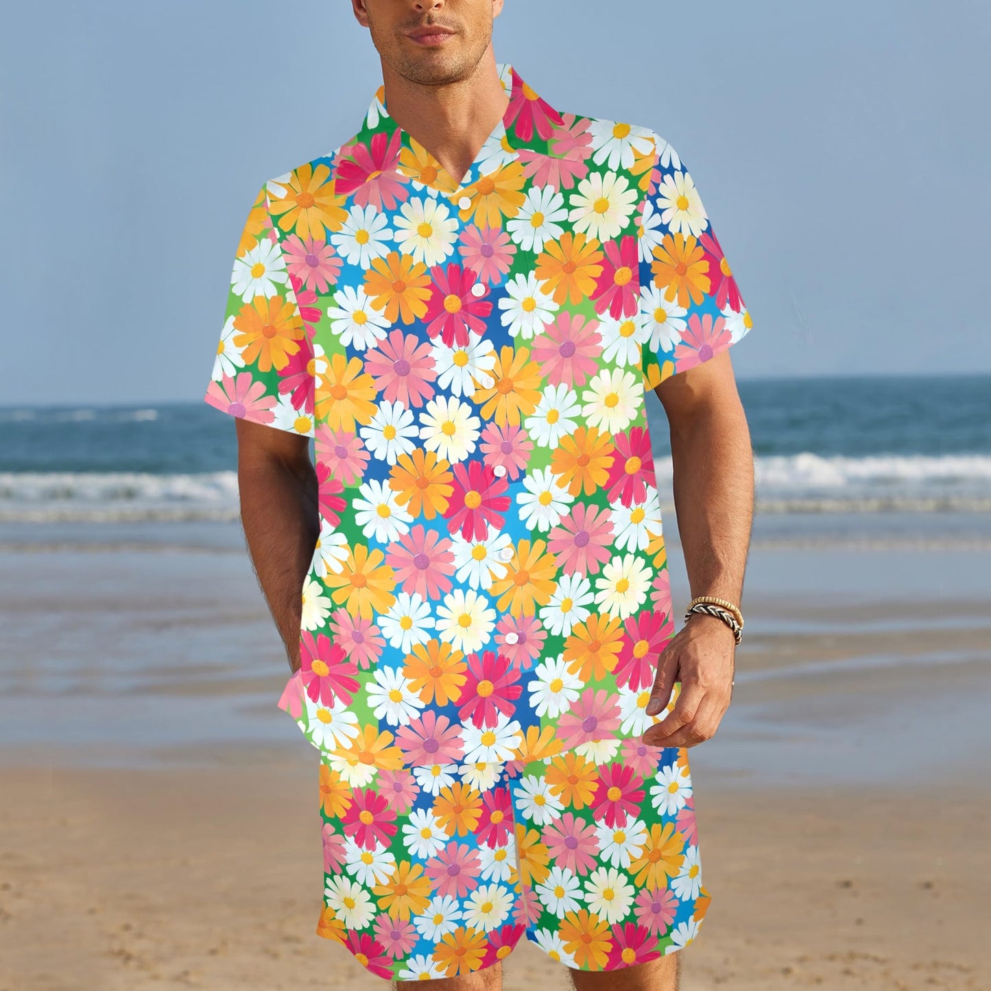 Daisy Pattern Print Design DS05 Men's Beach Shirt and Shorts Set