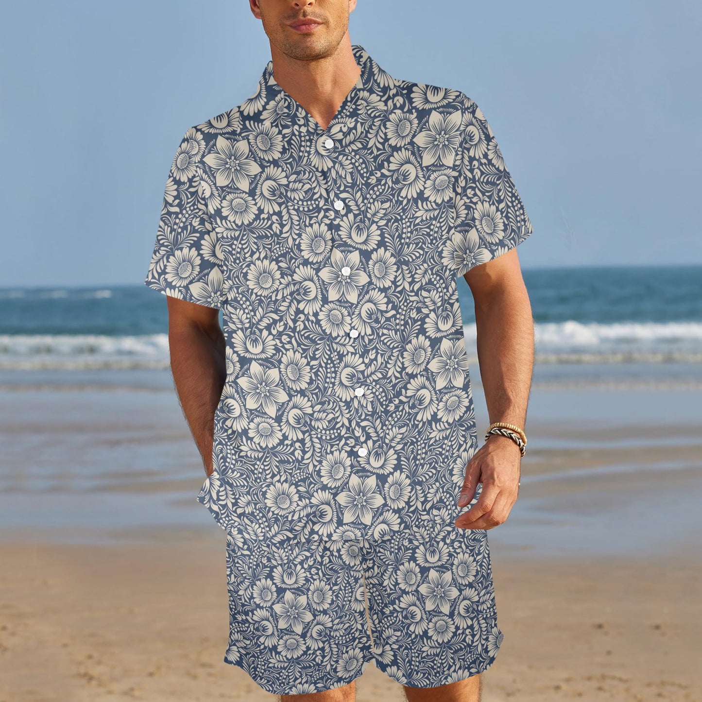 Elegant Floral Print Pattern Men's Beach Shirt and Shorts Set