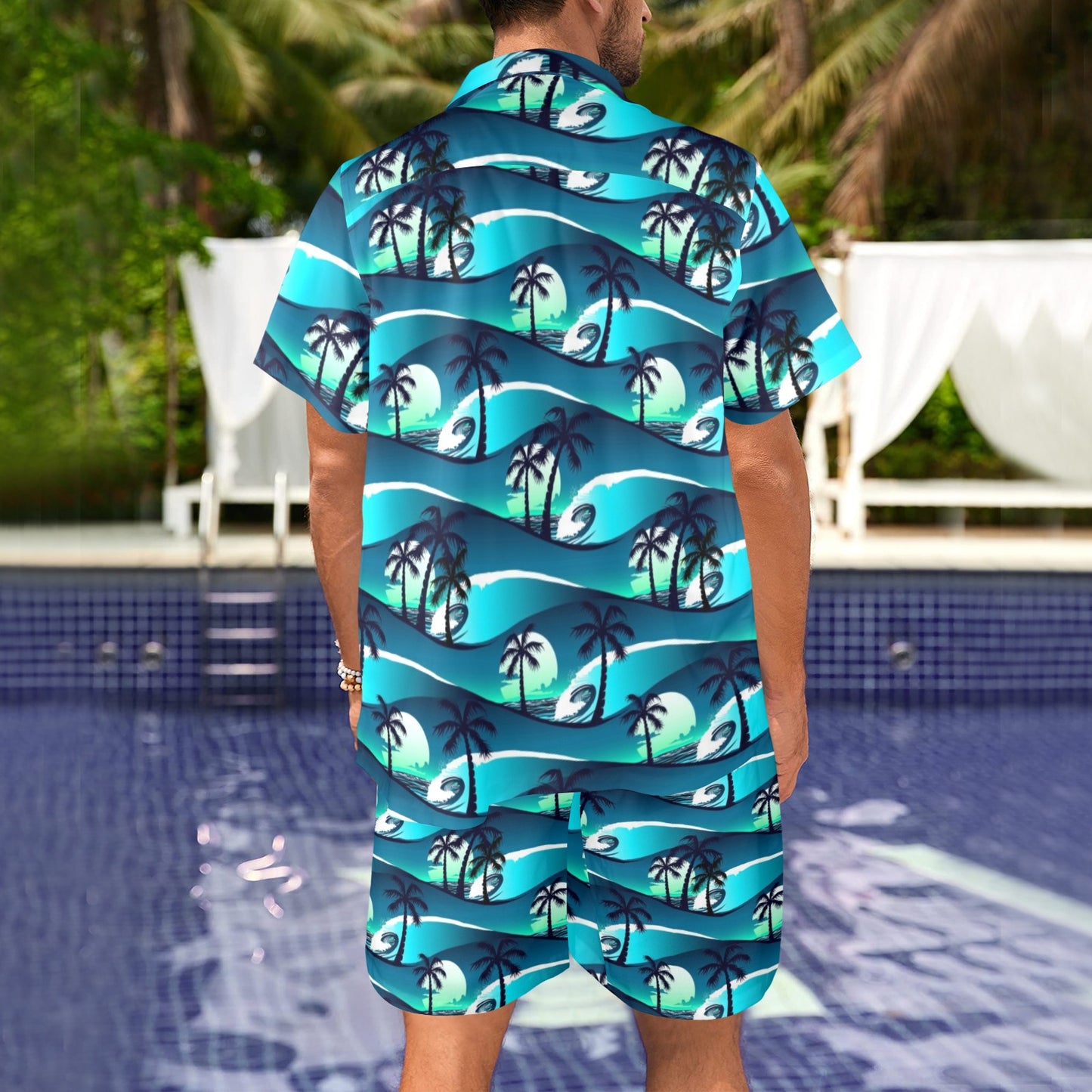 Beach Wave Design Print Men's Beach Shirt and Shorts Set
