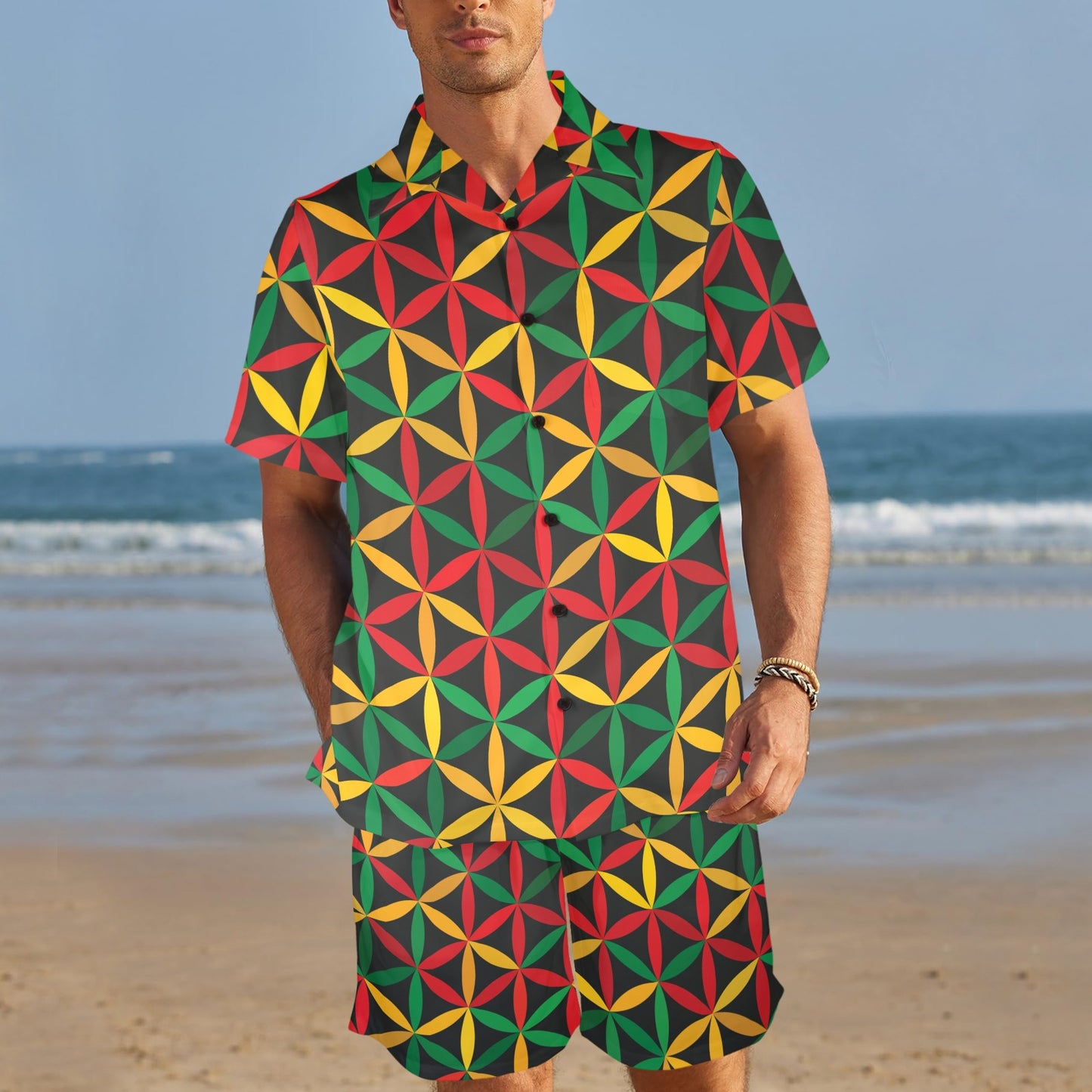 Rasta Pattern Print Design A04 Men's Beach Shirt and Shorts Set