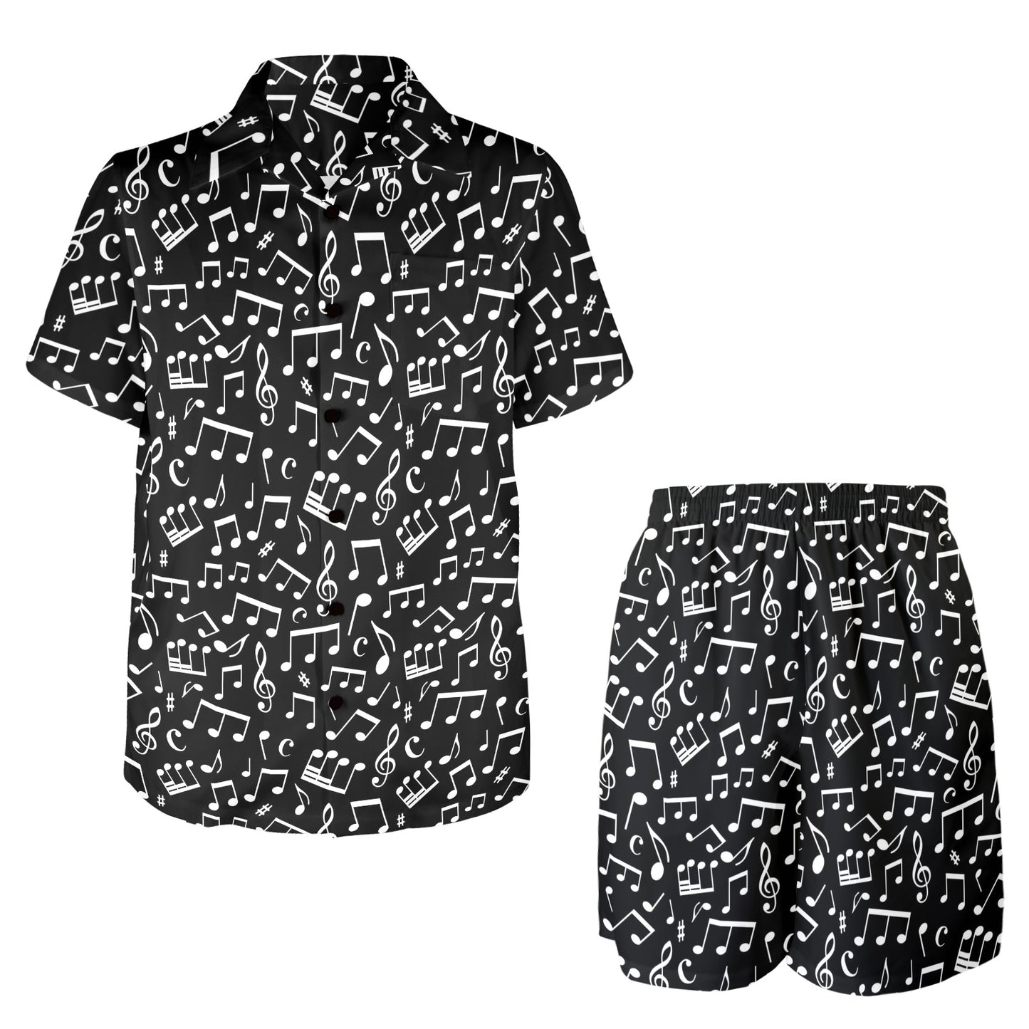 Music Note Black white Themed Print Men's Beach Shirt and Shorts Set