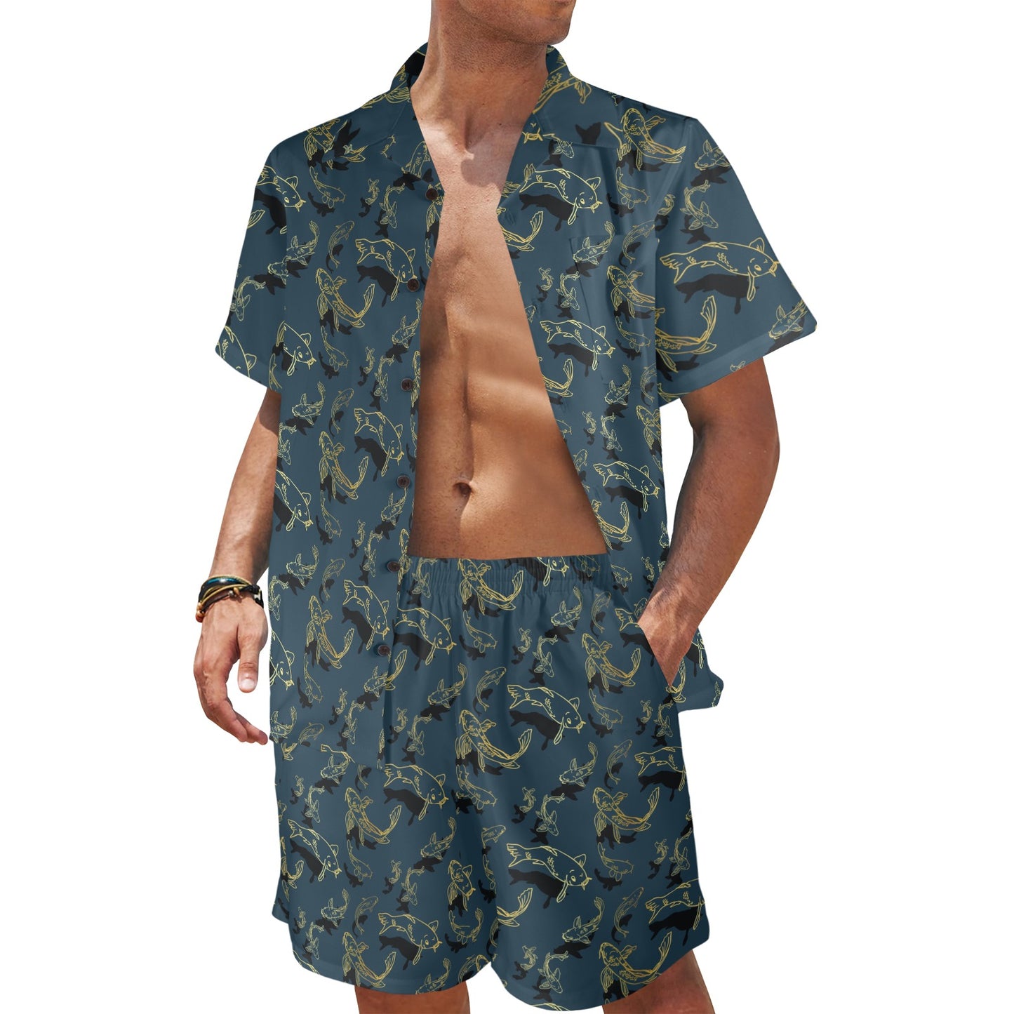 Koi Carp Gold Design Themed Print Men's Beach Shirt and Shorts Set