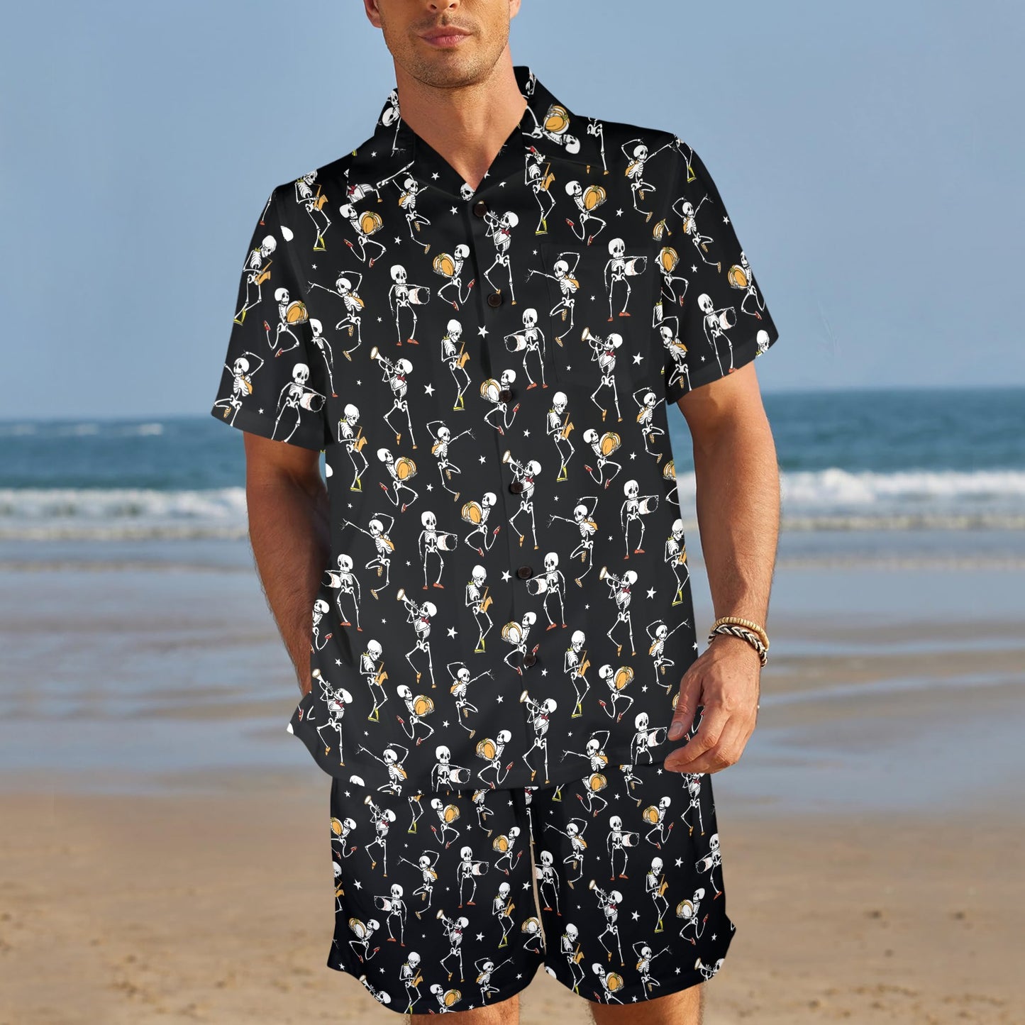 Skeleton Dance Print Men's Beach Shirt and Shorts Set