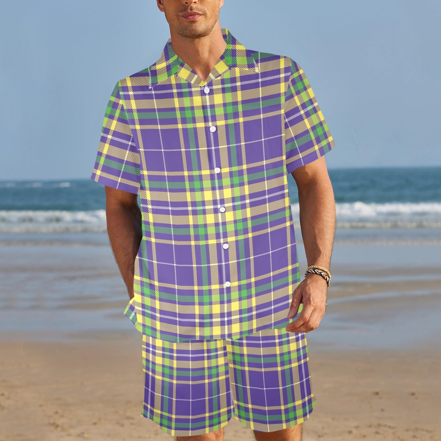 Mardi Gras Pattern Print Design 010 Men's Beach Shirt and Shorts Set