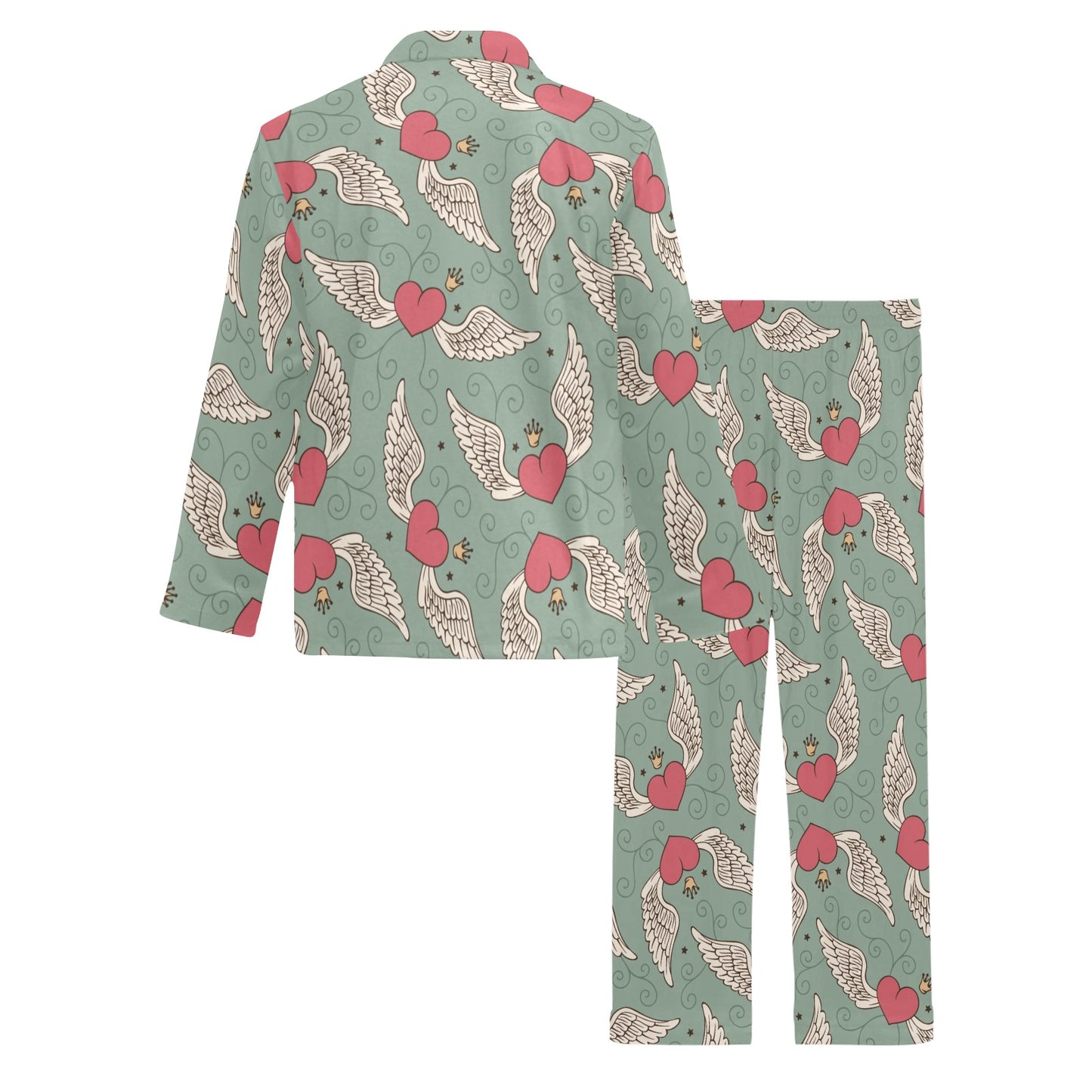 Angel Wings Heart Design Themed Print Men's Long Pajama Set