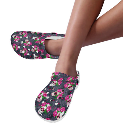 Sugar Skull Pink Rose Themed Print Unisex Clogs Shoes