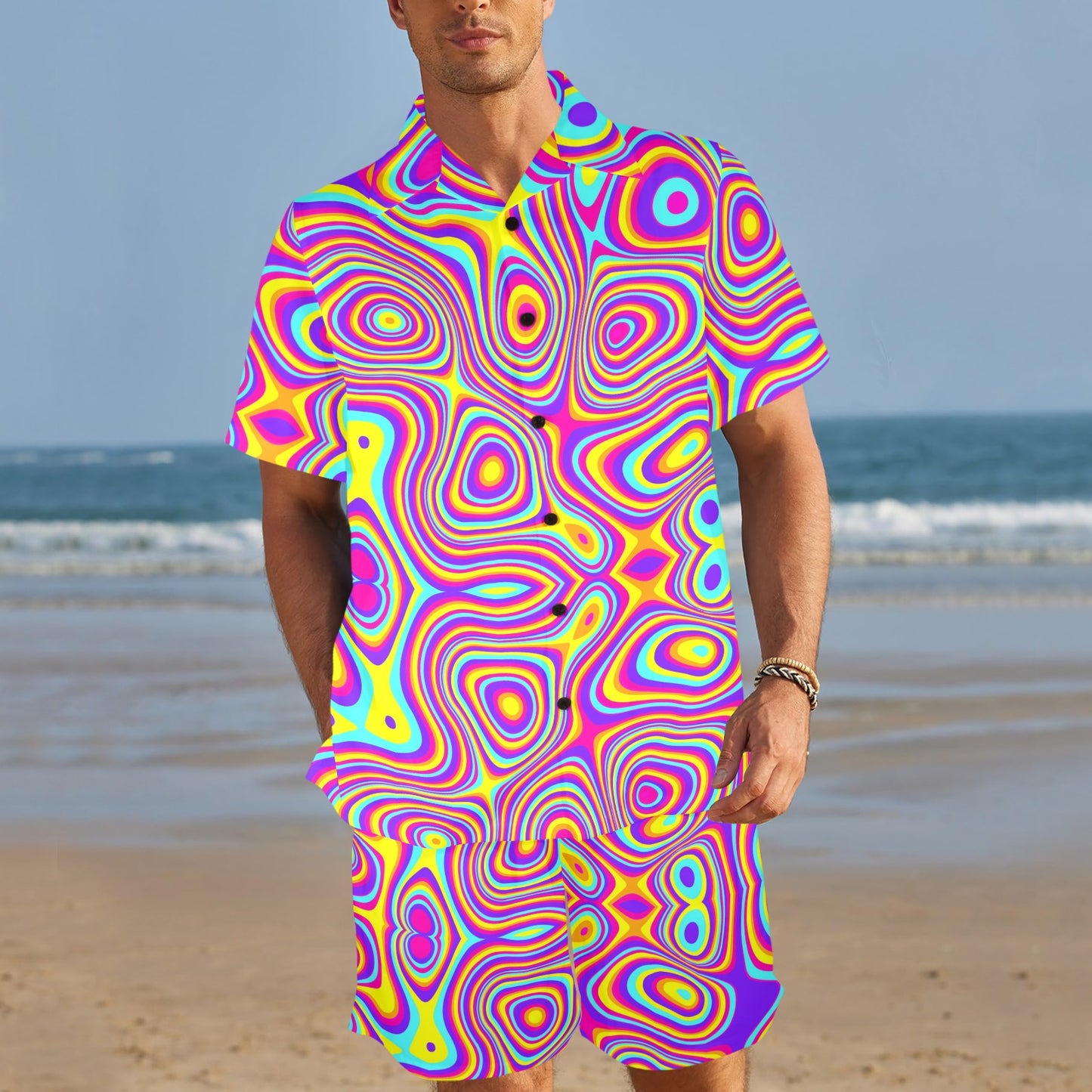 Liquid Pattern Print Design 06 Men's Beach Shirt and Shorts Set