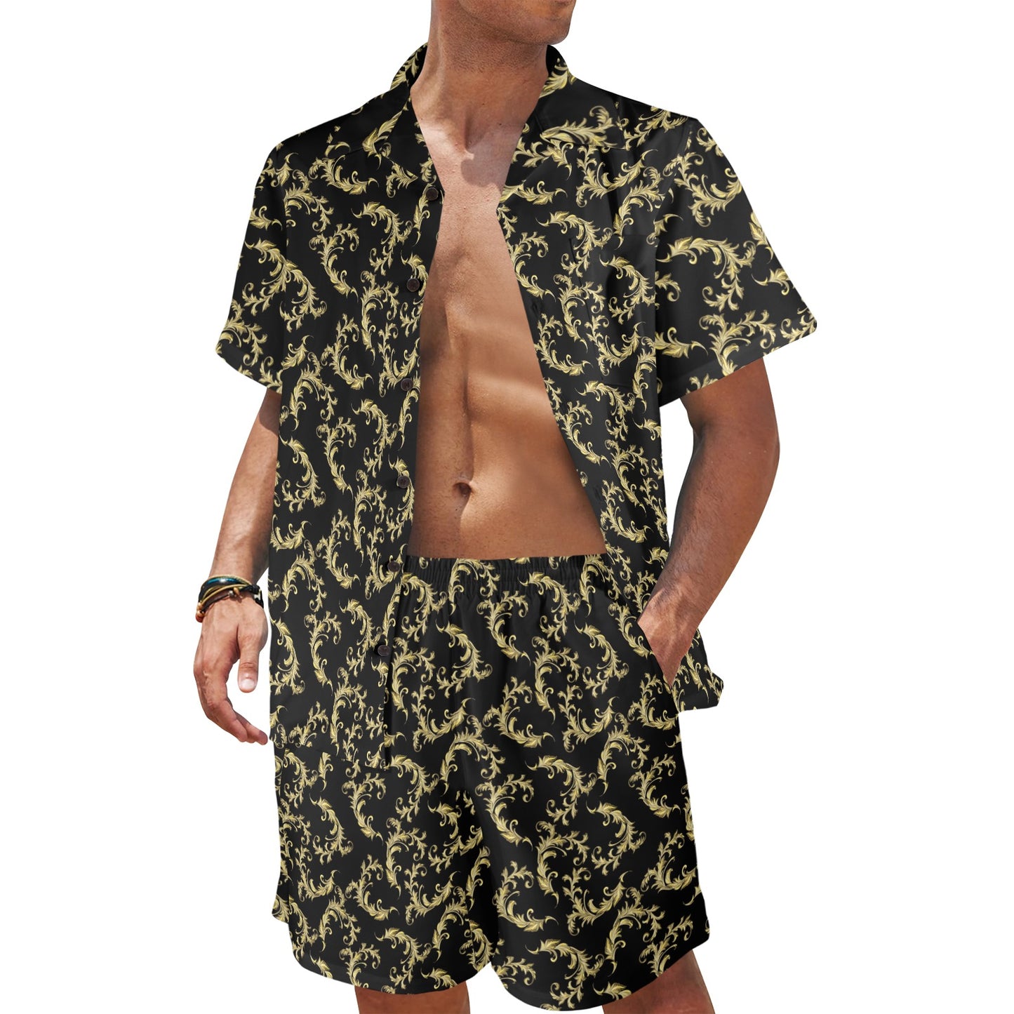 Baroque Golden Pattern Print Design 01 Men's Beach Shirt and Shorts Set