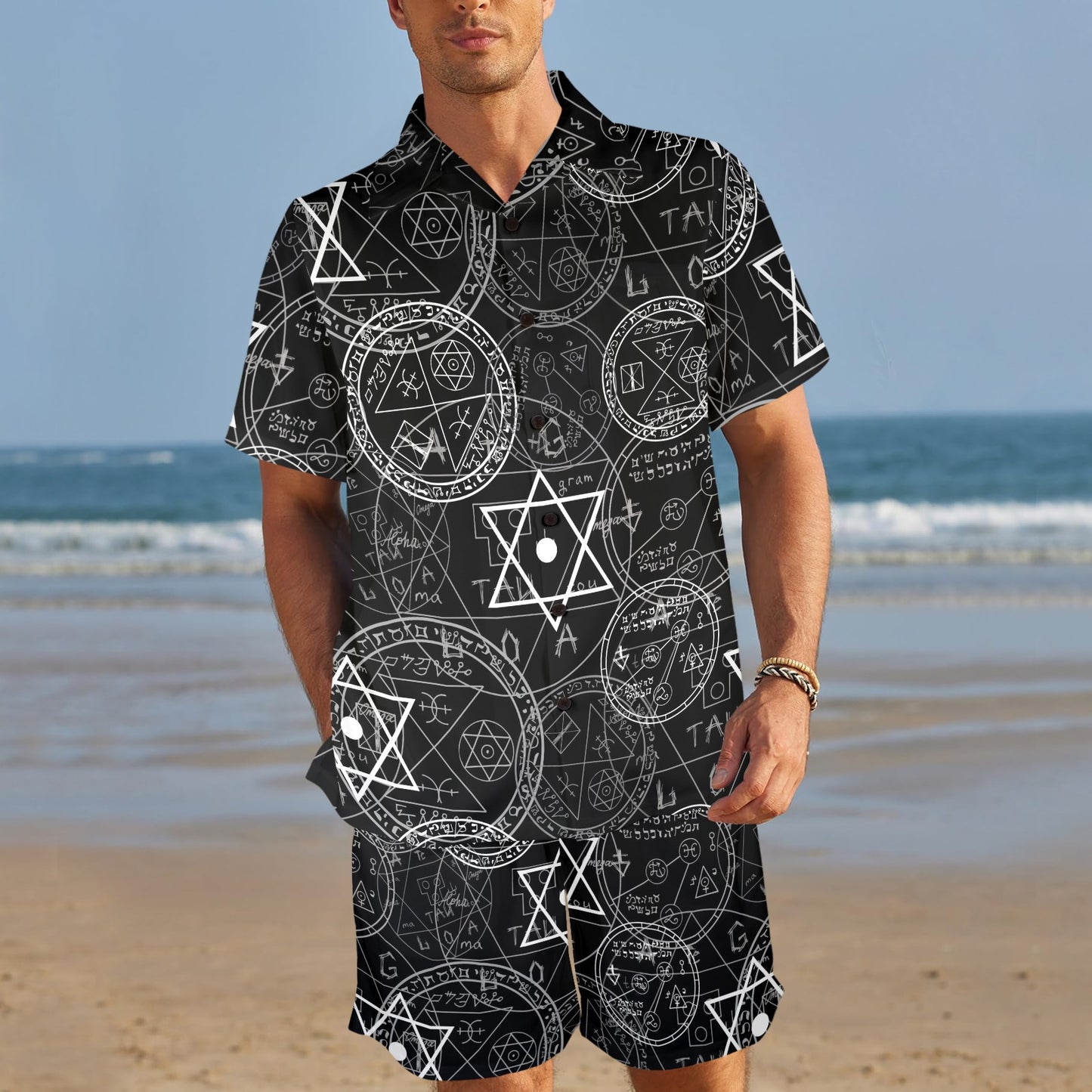 Pentagram Pattern Print Design A01 Men's Beach Shirt and Shorts Set