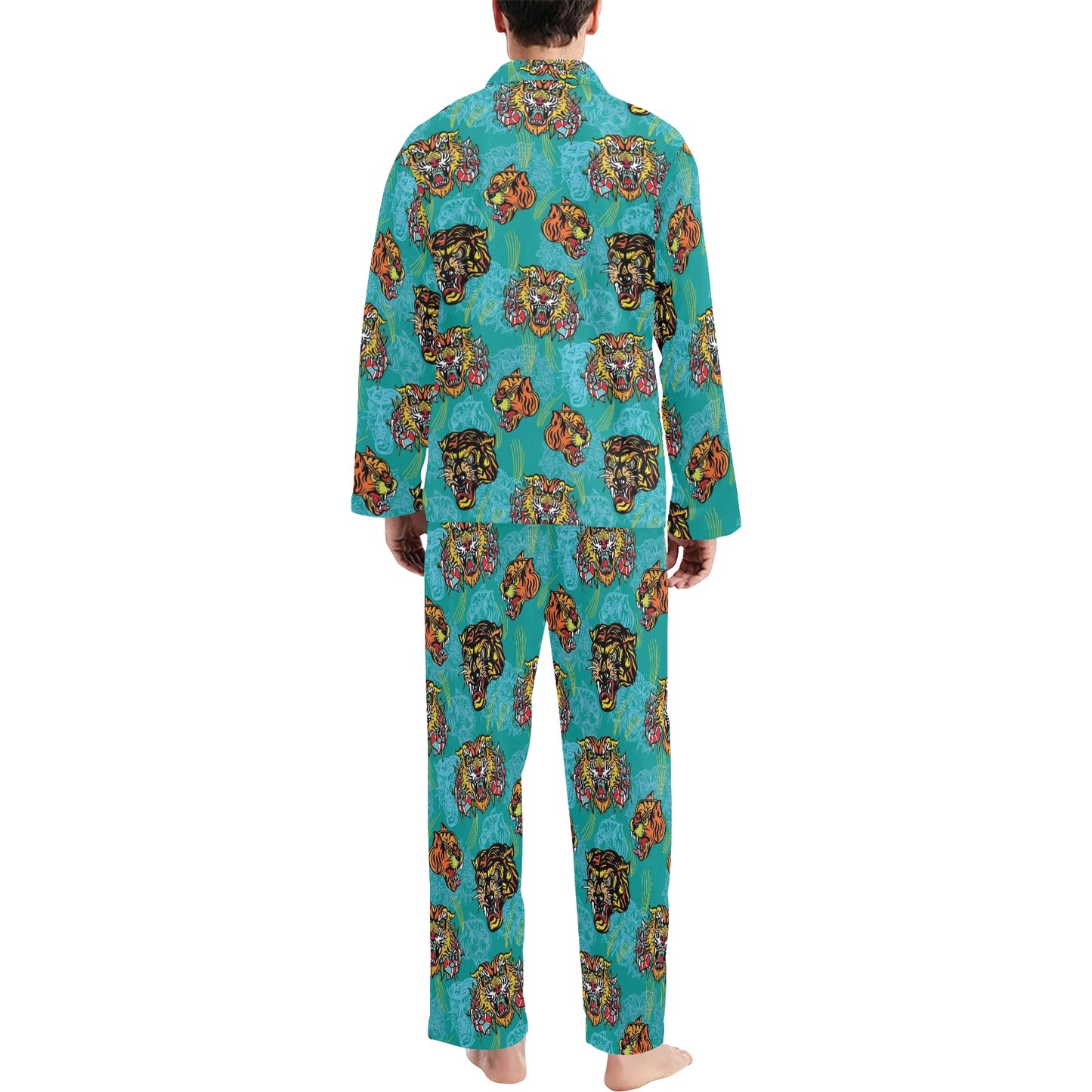 Tattoo Tiger Head Print Design LKS304 Men's Long Pajama Set