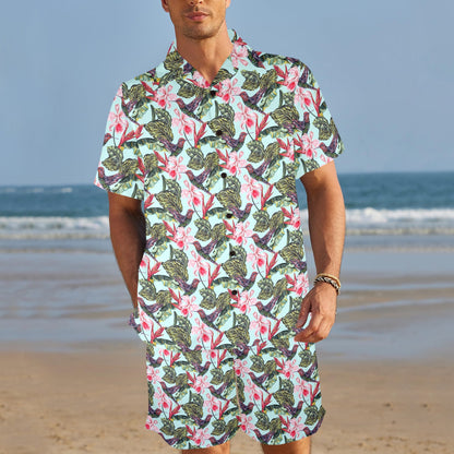 Hummingbird Cute Themed Print Men's Beach Shirt and Shorts Set