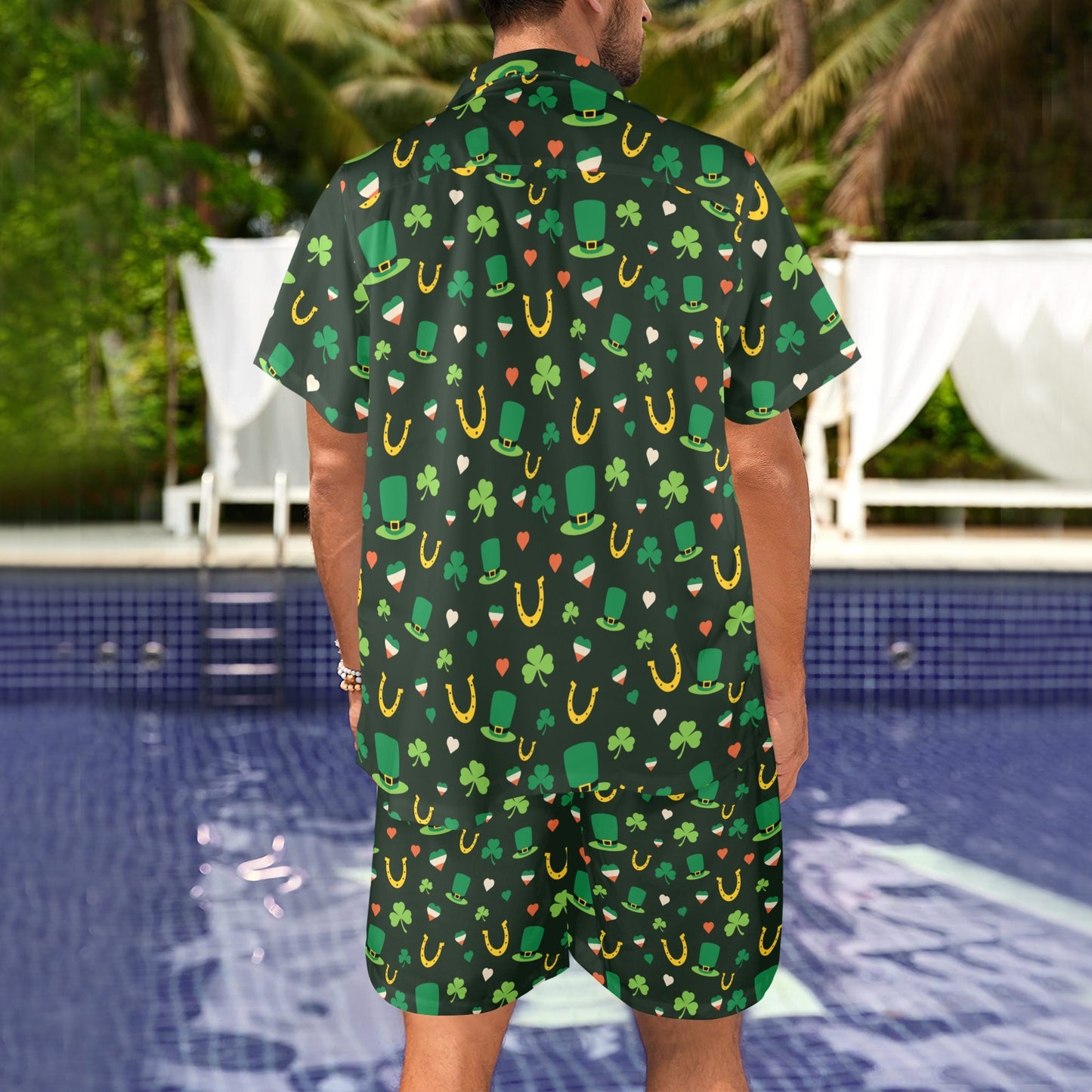 Shamrock Print Design LKS308 Men's Beach Shirt and Shorts Set