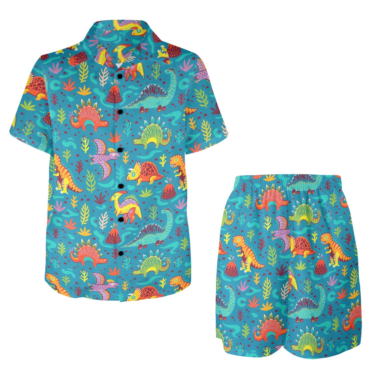 Dinosaur Cartoon Style Men's Beach Shirt and Shorts Set