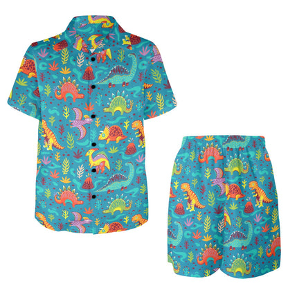 Dinosaur Cartoon Style Men's Beach Shirt and Shorts Set