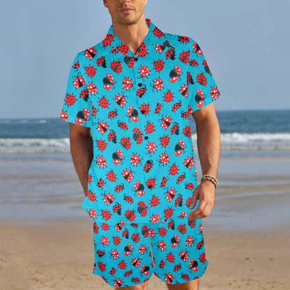 Ladybug Action Print Pattern Men's Beach Shirt and Shorts Set