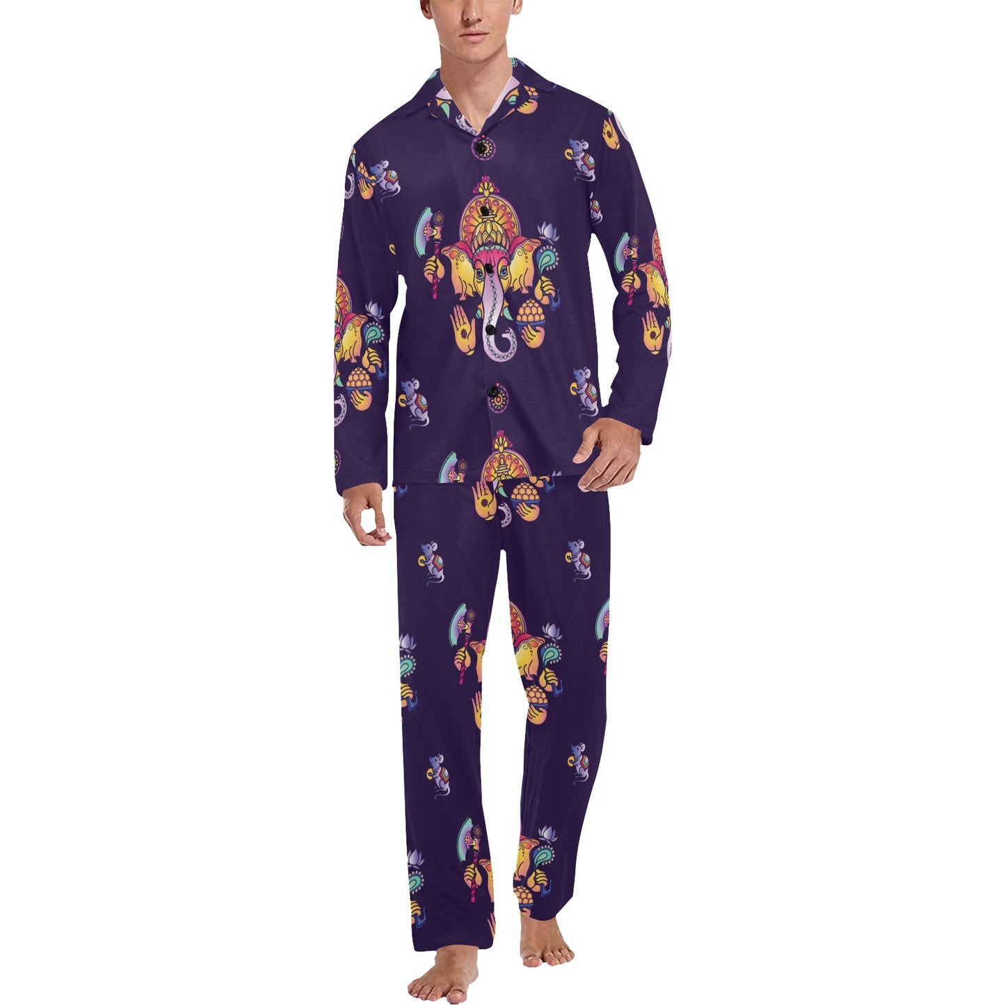 Ganesha Pattern Print Design 04 Men's Long Pajama Set