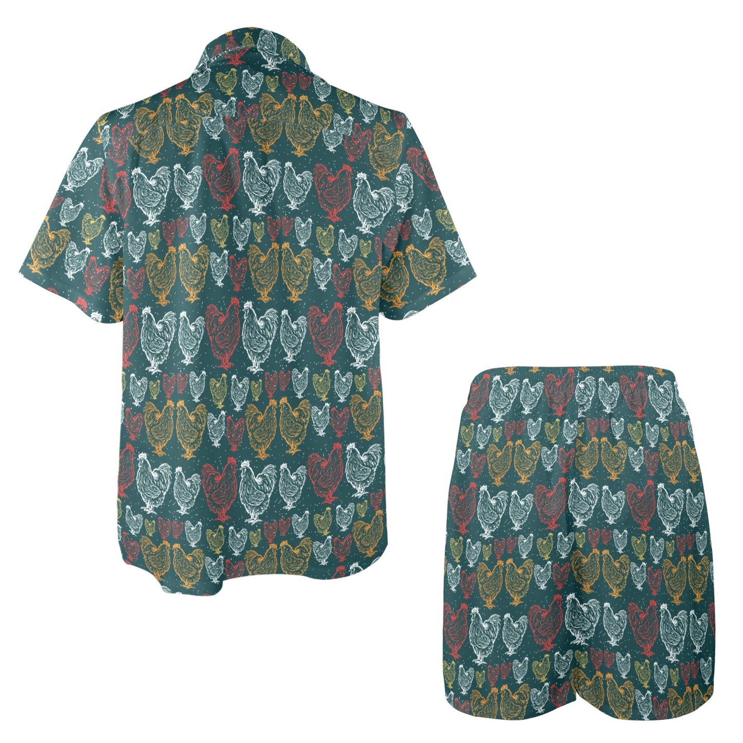 Rooster Hand Draw Design Men's Beach Shirt and Shorts Set