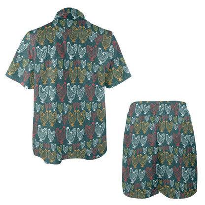 Rooster Hand Draw Design Men's Beach Shirt and Shorts Set
