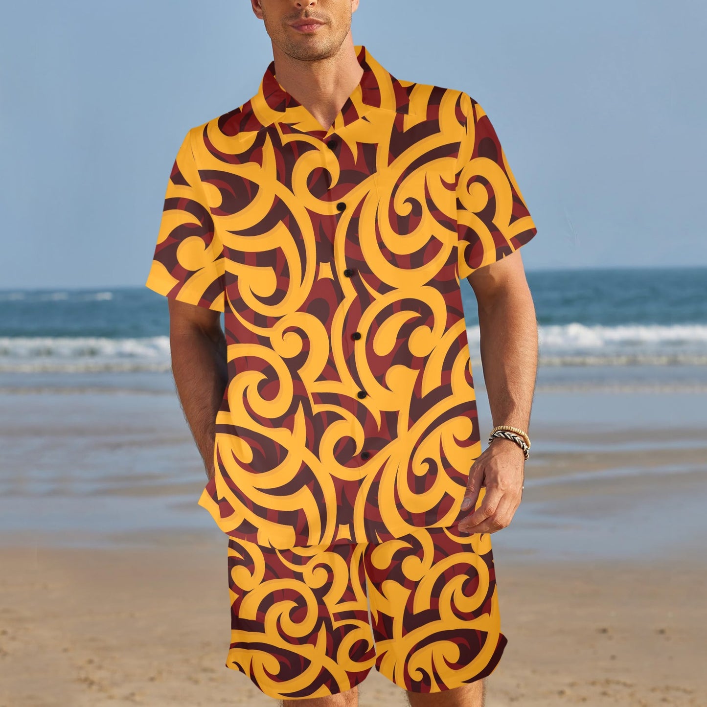 Maori Pattern Print Design 02 Men's Beach Shirt and Shorts Set