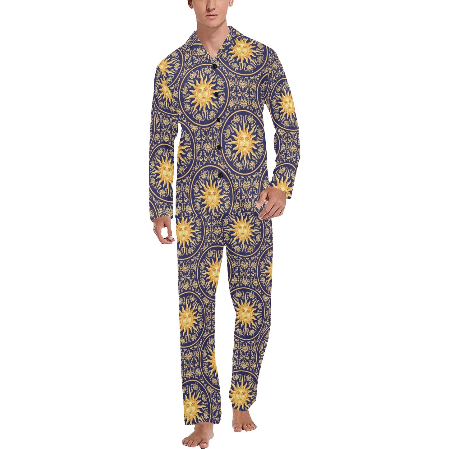 Celestial Gold Sun Face Men's Long Pajama Set