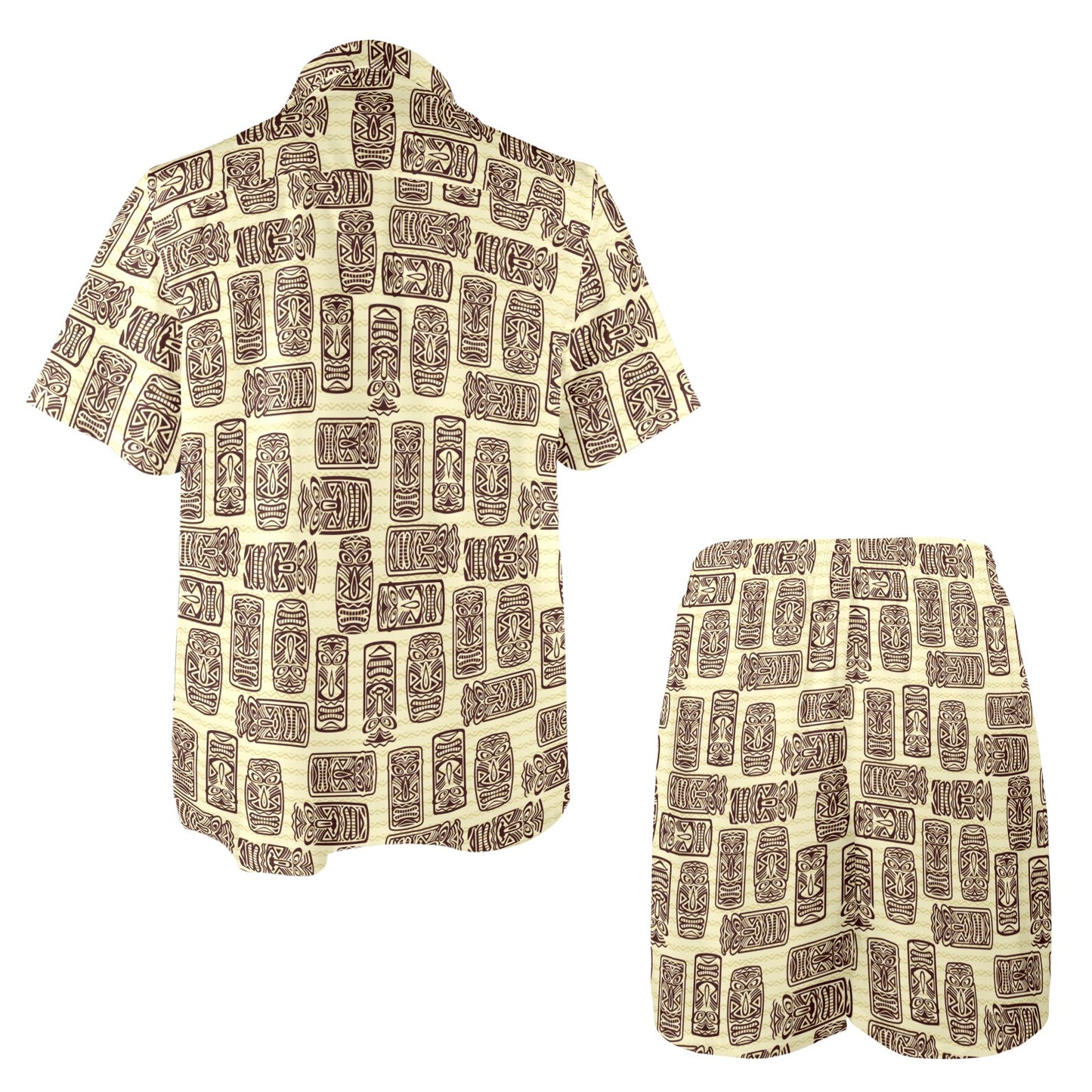 Tiki Brown Mask Print Men's Beach Shirt and Shorts Set