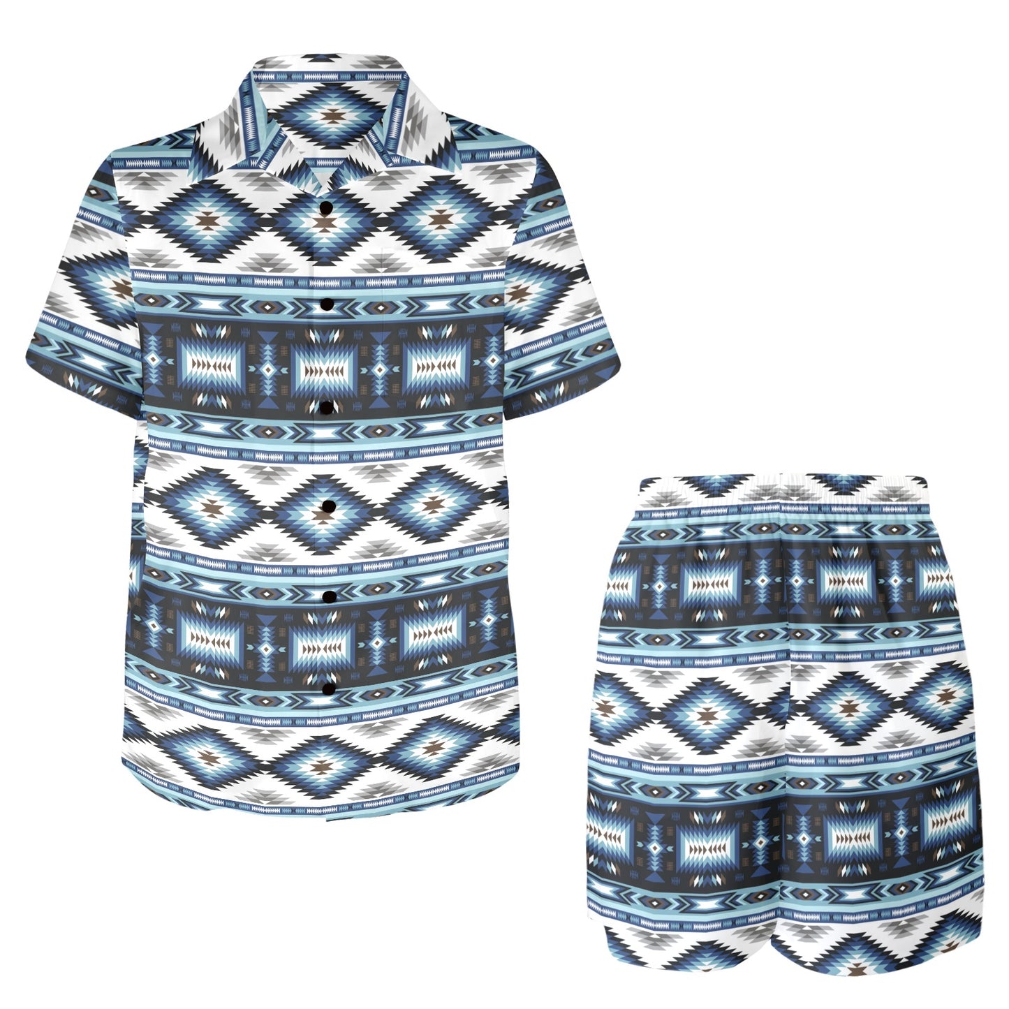 Navajo Dark Blue Print Pattern Men's Beach Shirt and Shorts Set