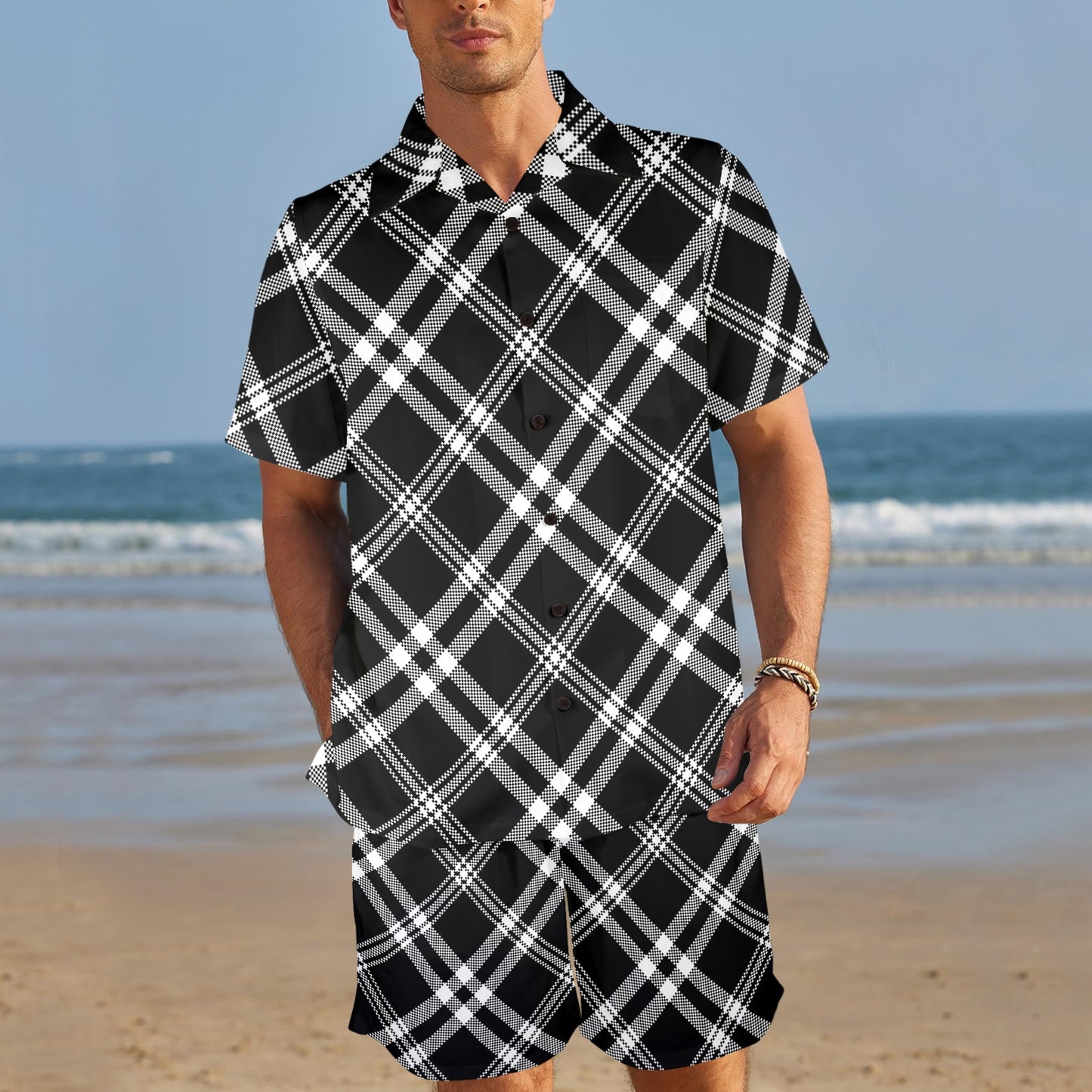 Madras Pattern Print Design 03 Men's Beach Shirt and Shorts Set